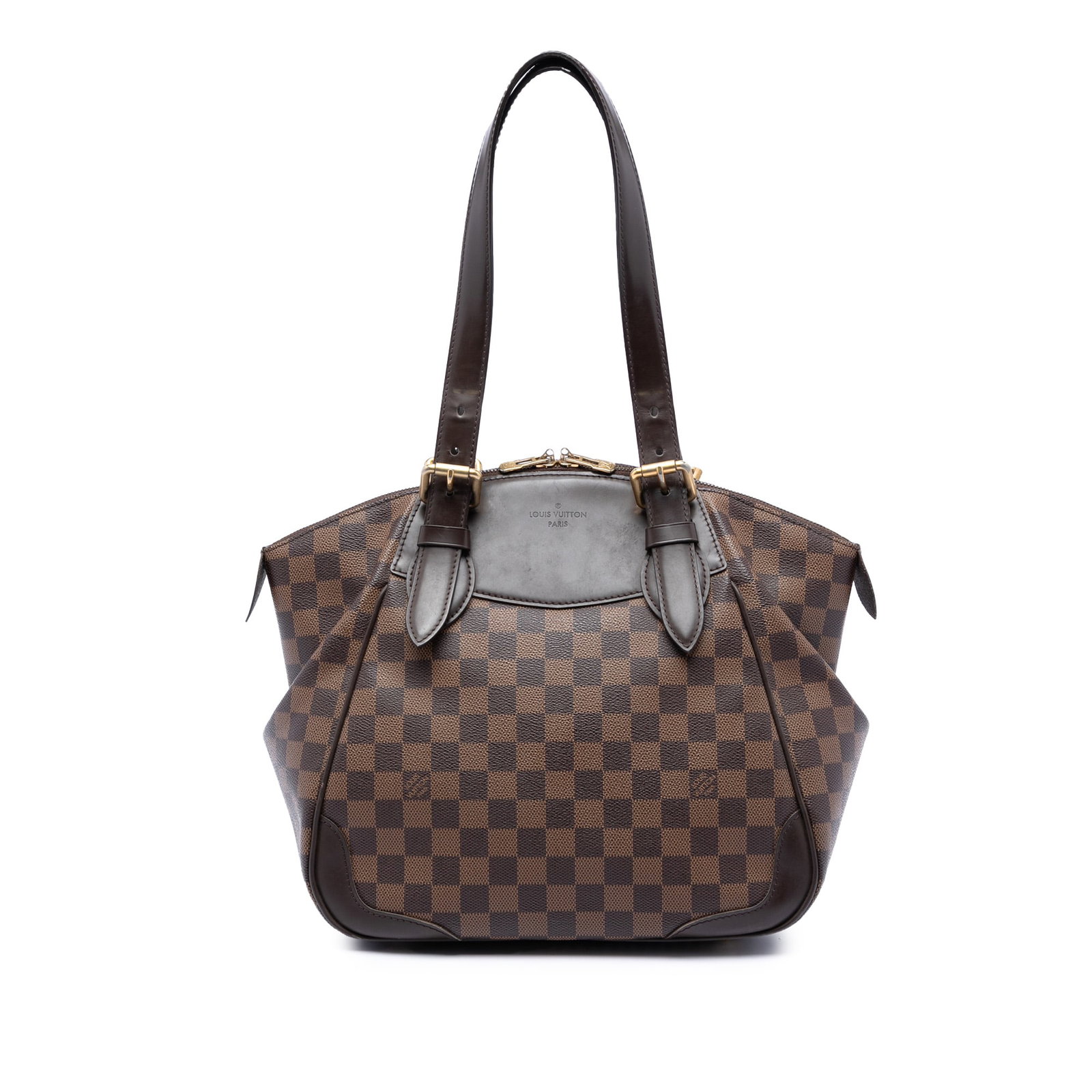 Louis Vuitton Verona MM Damier Ebene brown tote bag: Louis Vuitton Verona MM Damier Ebene brown tote bag The Louis Vuitton Damier Ebene Verona MM is crafted with a signature damier canvas body and complemented by leather trim and flat leather straps. Th