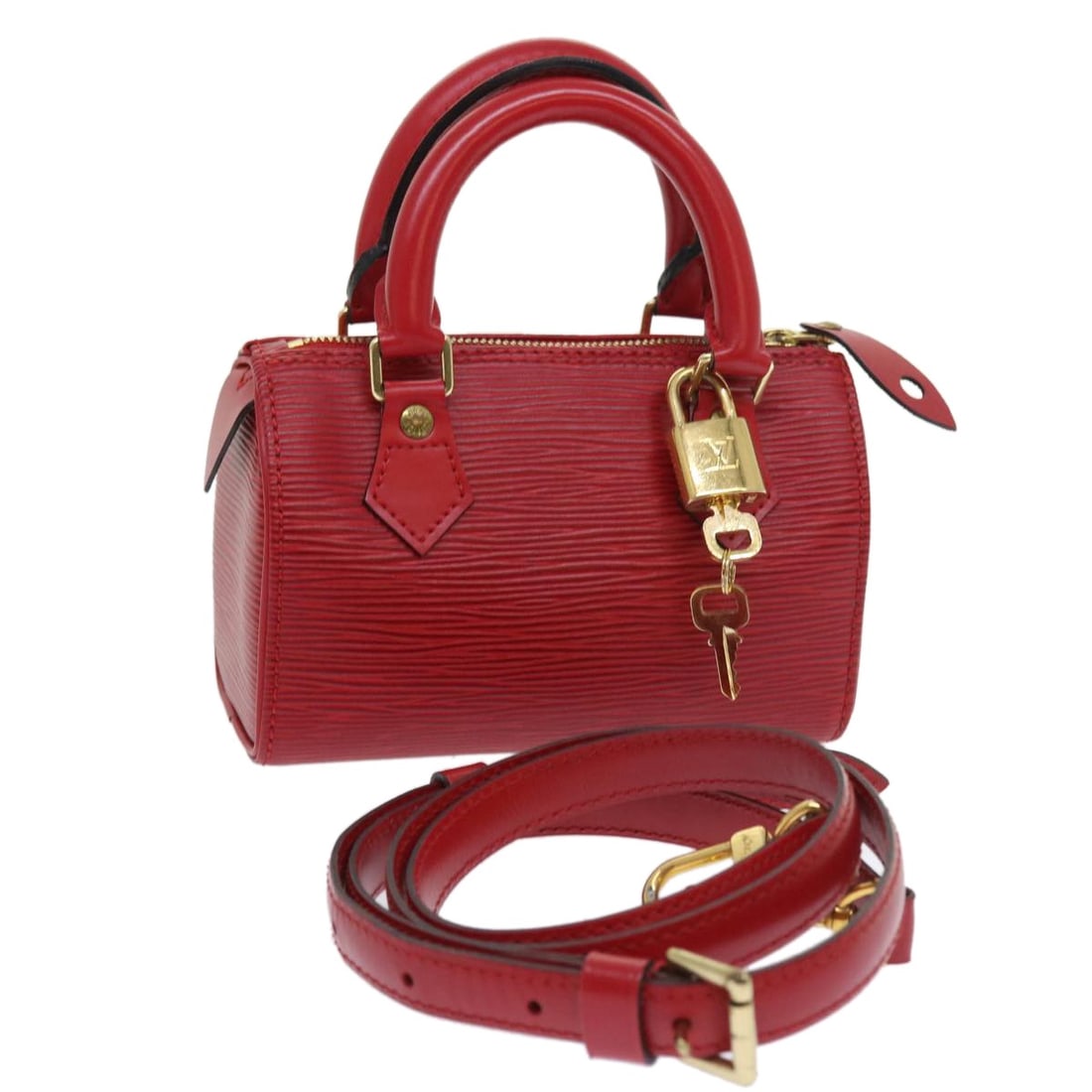 Louis Vuitton Mini Speedy 2way Red Epi Leather Handbag: Louis Vuitton Mini Speedy 2way Red Epi Leather Handbag Louis Vuitton Epi Mini Speedy 2-way handbag in red Epi leather, made in France. This women's handbag includes a top handle and a detachable shoul