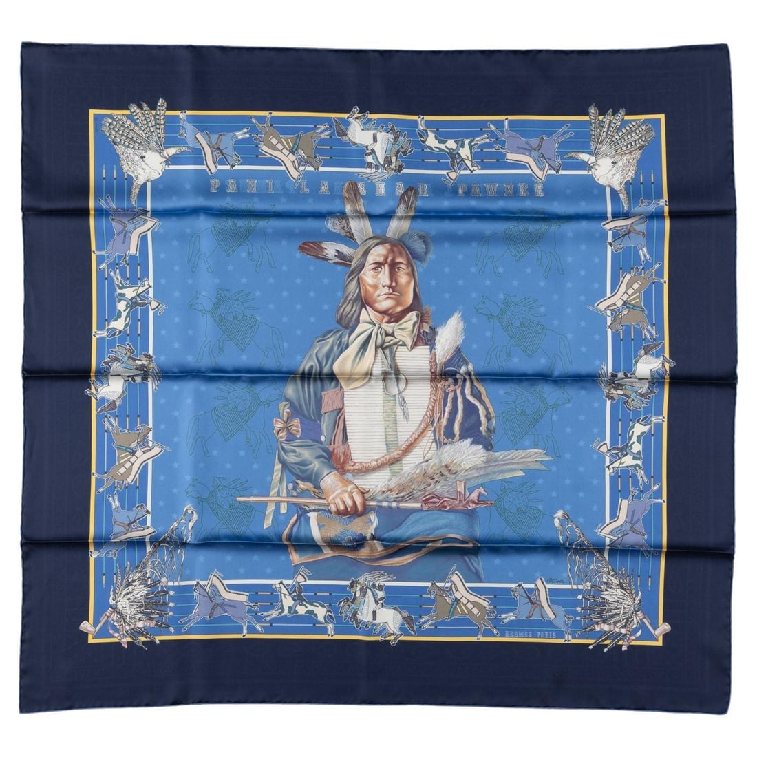 Hermes Pani la Shar Pawnee Scarf 35in Silk Double Face Edition: Hermes Pani la Shar Pawnee Scarf 35in Silk Double Face Edition Discover the elegance of the Hermes "Pani la Shar Pawnee" Scarf, a stunning piece designed by Kermit Oliver. This special edition bandana