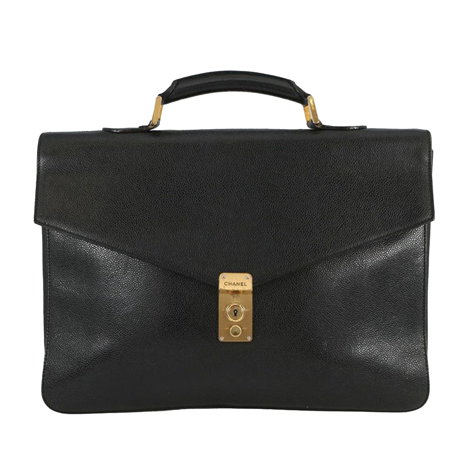 Black Caviar Leather Briefcase with Push Lock by Chanel: Black Caviar Leather Briefcase with Push Lock by Chanel This Chanel Caviar Briefcase features a black caviar leather body with a top flat leather handle, a front flap with push-lock closure, and inter