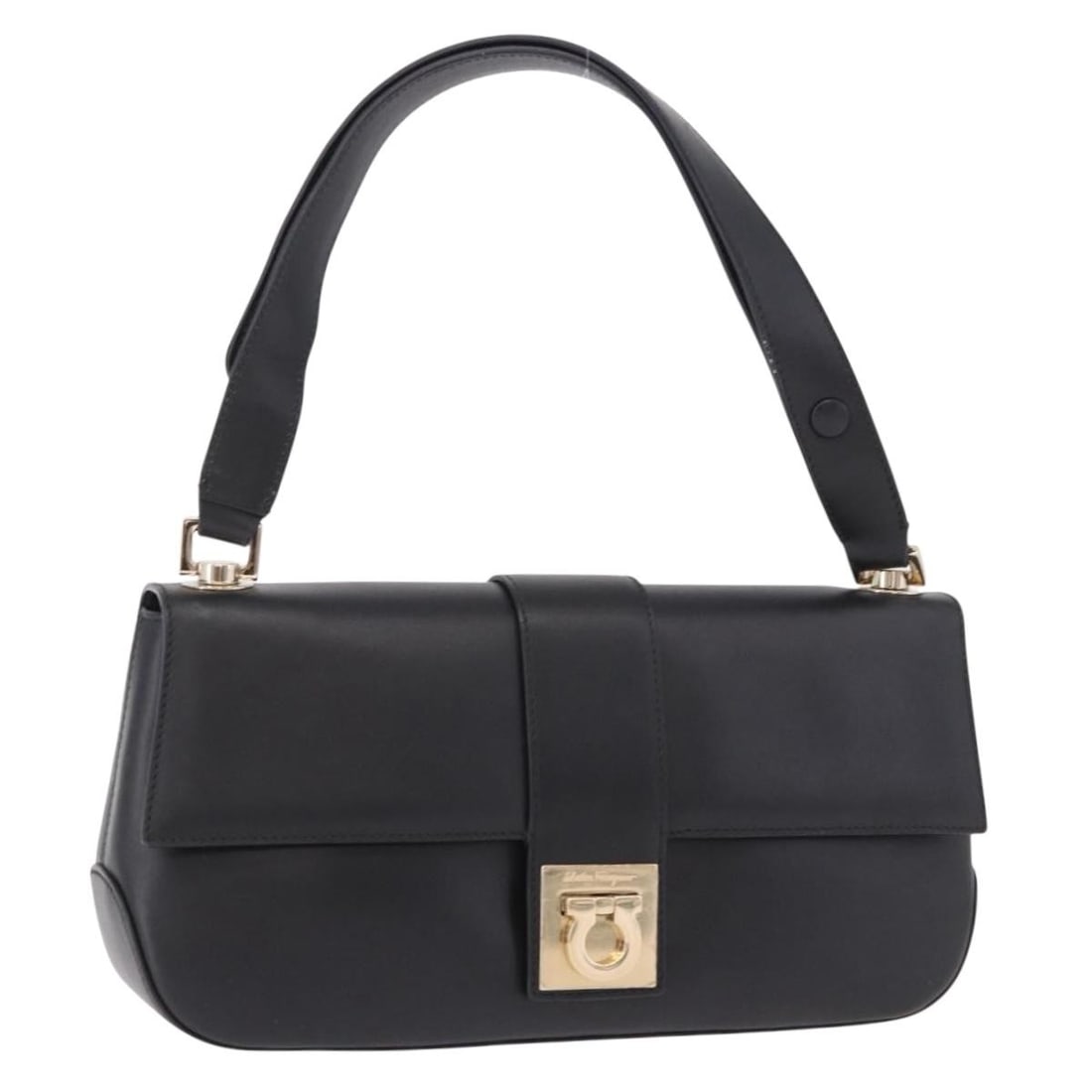 Leather handbag with pouch Salvatore Ferragamo Gancini black gold: Leather handbag with pouch Salvatore Ferragamo Gancini black gold A Salvatore Ferragamo Gancini leather hand bag in black and gold, made in Italy. It comes with a pouch and features a handle drop of a