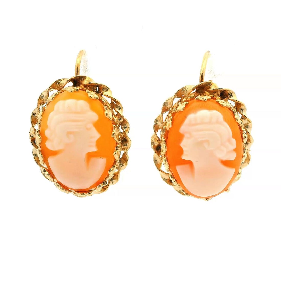 14k Gold Twisted Wire Frame Oval Shell Cameo Drop Earrings: 14k Gold Twisted Wire Frame Oval Shell Cameo Drop Earrings These exquisite 14k Gold Oval Carved Shell Cameo Dangle Earrings exhibit a stunning design with a delicate twisted wire frame. Crafted from 1