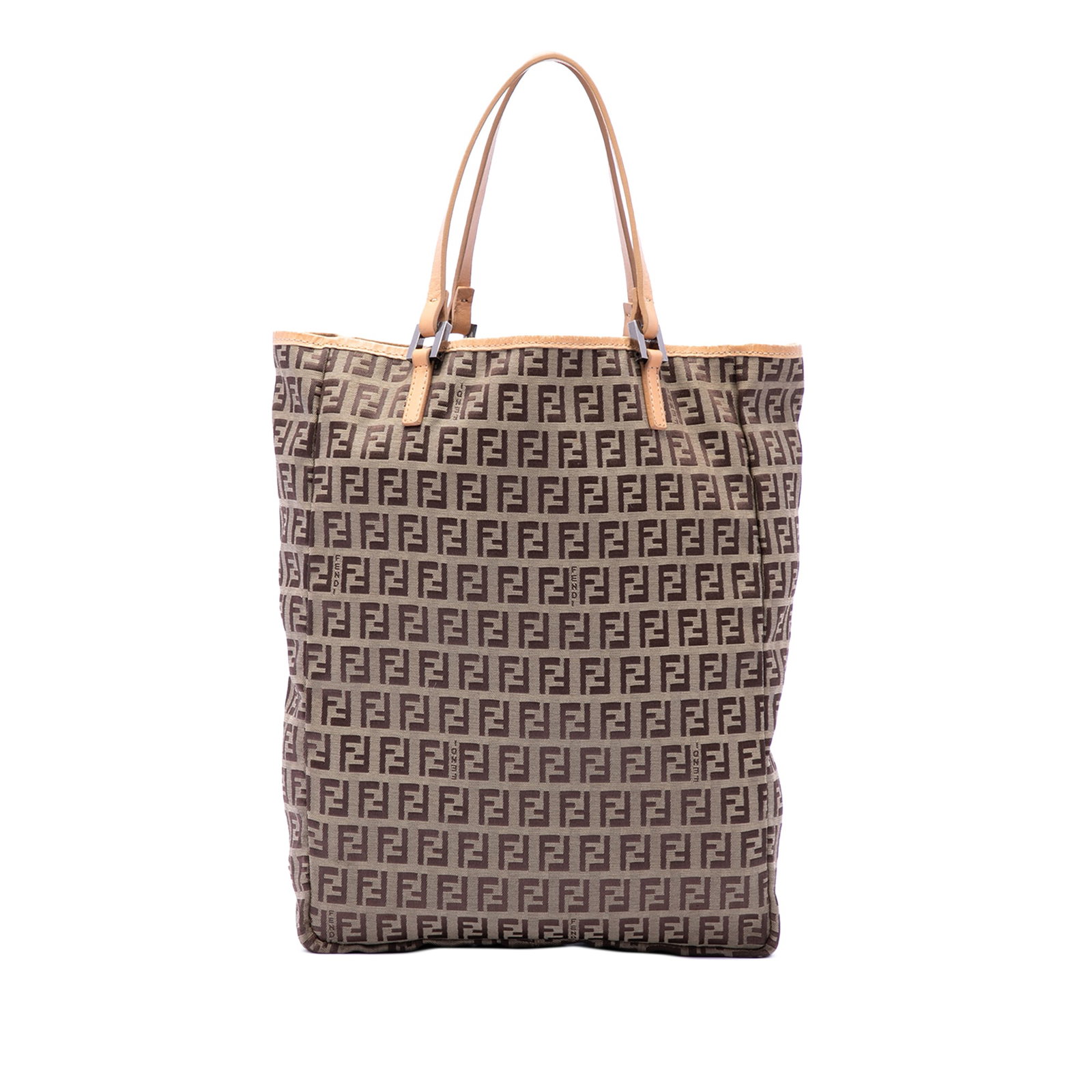 Fendi Zucchino beige canvas tote bag: Fendi Zucchino beige canvas tote bag This Fendi Zucchino Canvas Tote features a beige fabric body with leather trim and flat leather handles. The bag has an open top design for easy access to your bel