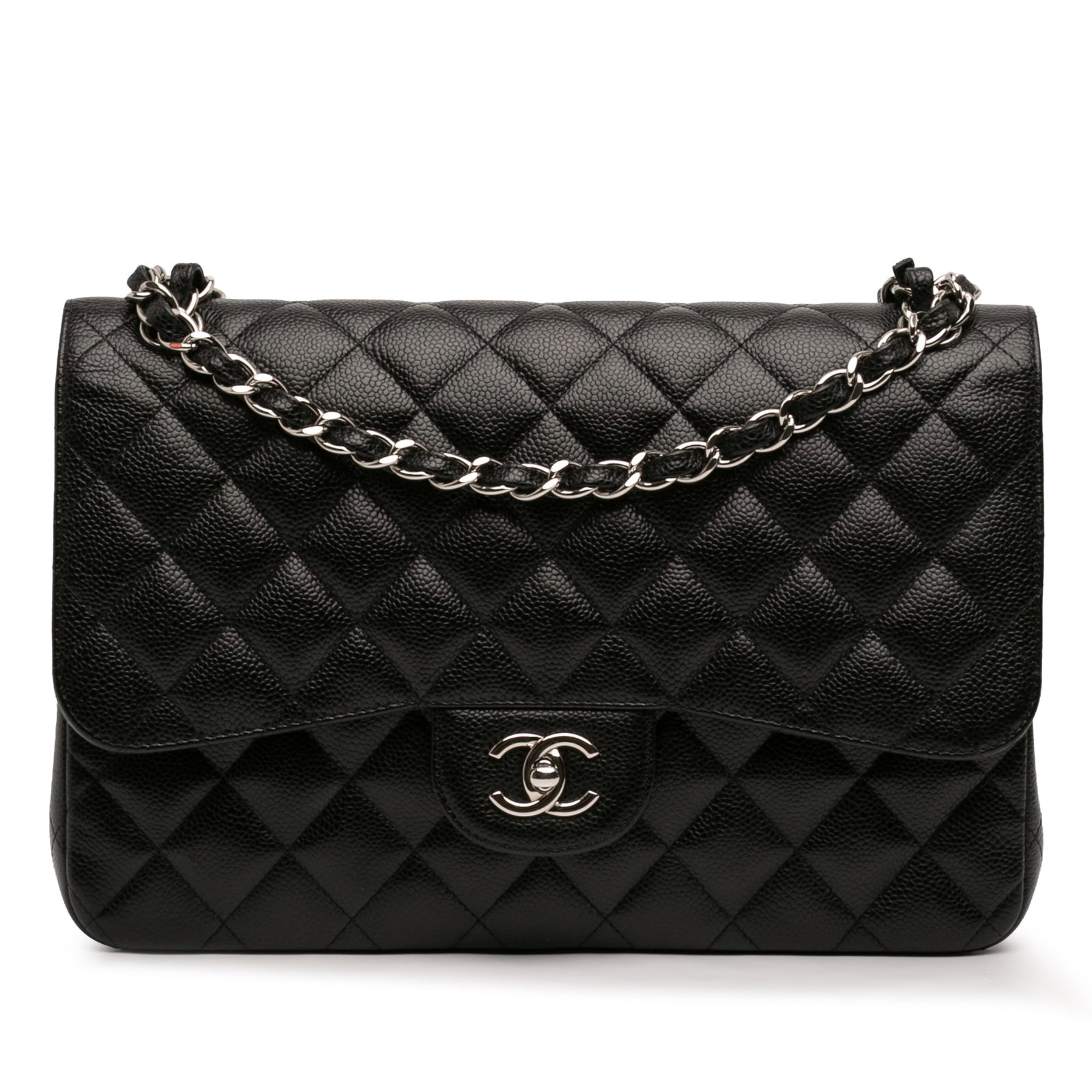 Chanel Jumbo Classic Double Flap Shoulder Bag in Black Caviar Leather: Chanel Jumbo Classic Double Flap Shoulder Bag in Black Caviar Leather Chanel Jumbo Classic Caviar Double Flap shoulder bag in black quilted caviar leather. This bag features leather-woven chain straps