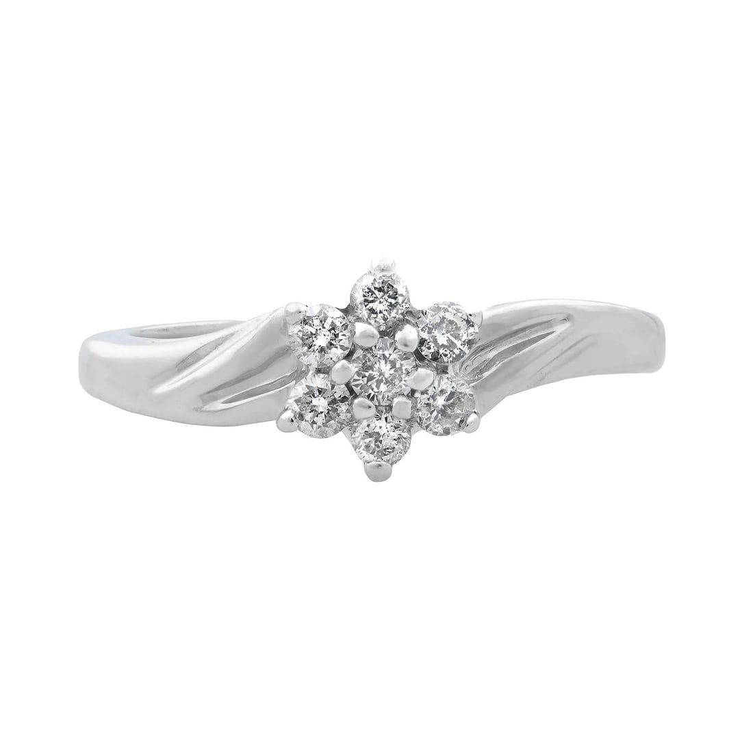 Rachel Koen 0.50Cttw Flower Diamond Ring in 10K White Gold Size 5.5: Rachel Koen 0.50Cttw Flower Diamond Ring in 10K White Gold Size 5.5 This exquisite ladies' ring by Rachel Koen showcases a stunning arrangement of 7 prong-set round brilliant cut diamonds, elegantly c