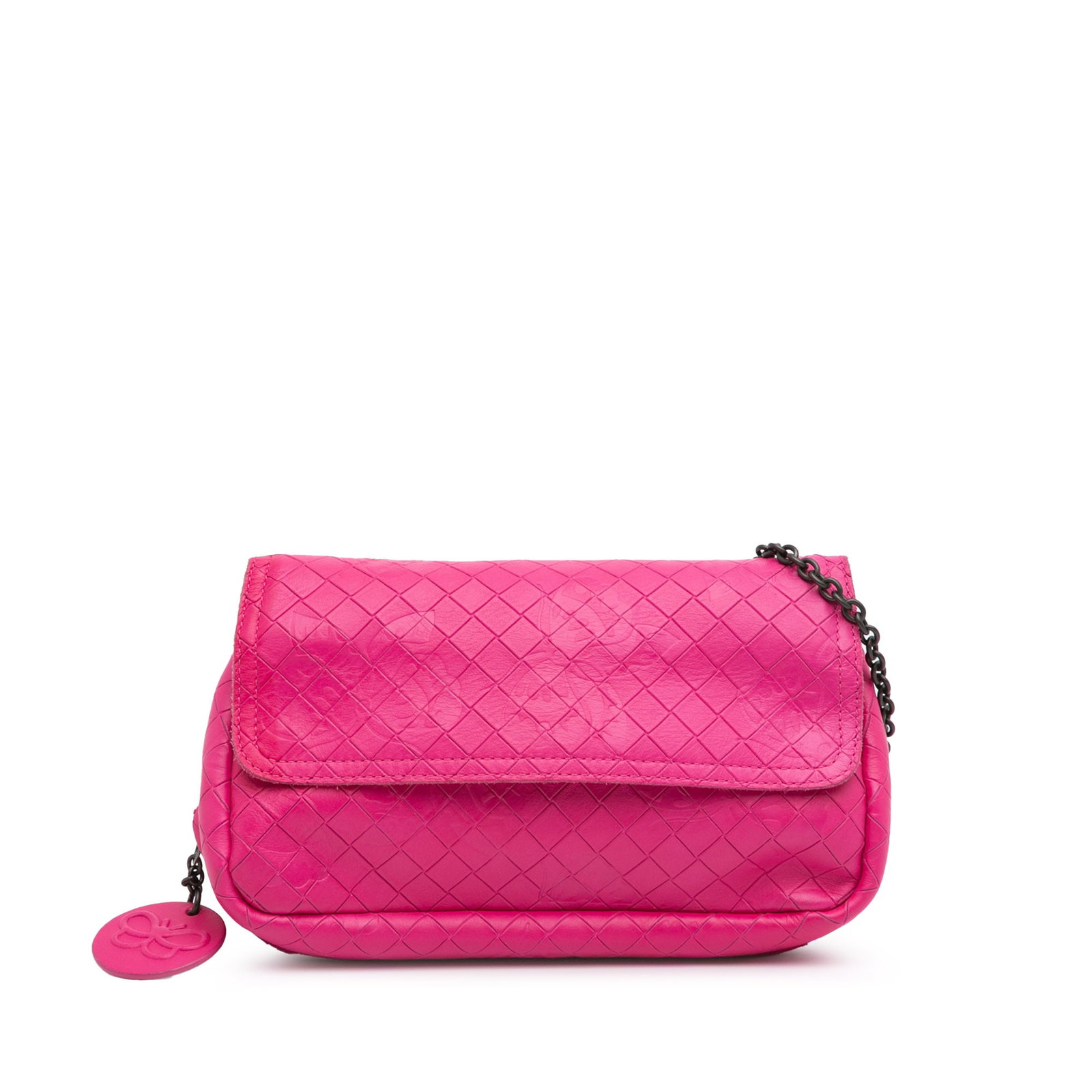 Bottega Veneta Small Pink Calfskin Intrecciomirage Crossbody Bag: Bottega Veneta Small Pink Calfskin Intrecciomirage Crossbody Bag Introducing the Bottega Veneta Small Calfskin Intrecciomirage Embossed Butterfly Chain Crossbody, a stylish and functional accessory cr