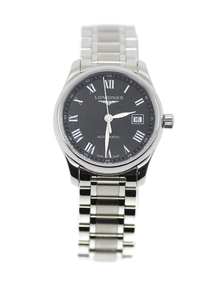 Longines Master 29MM Automatic Ladies Wristwatch: Longines Master 29MM Automatic Ladies Wristwatch This Longines Master wristwatch features a stainless steel case and bracelet with a smooth silver bezel and a black analog dial. Designed for women, it