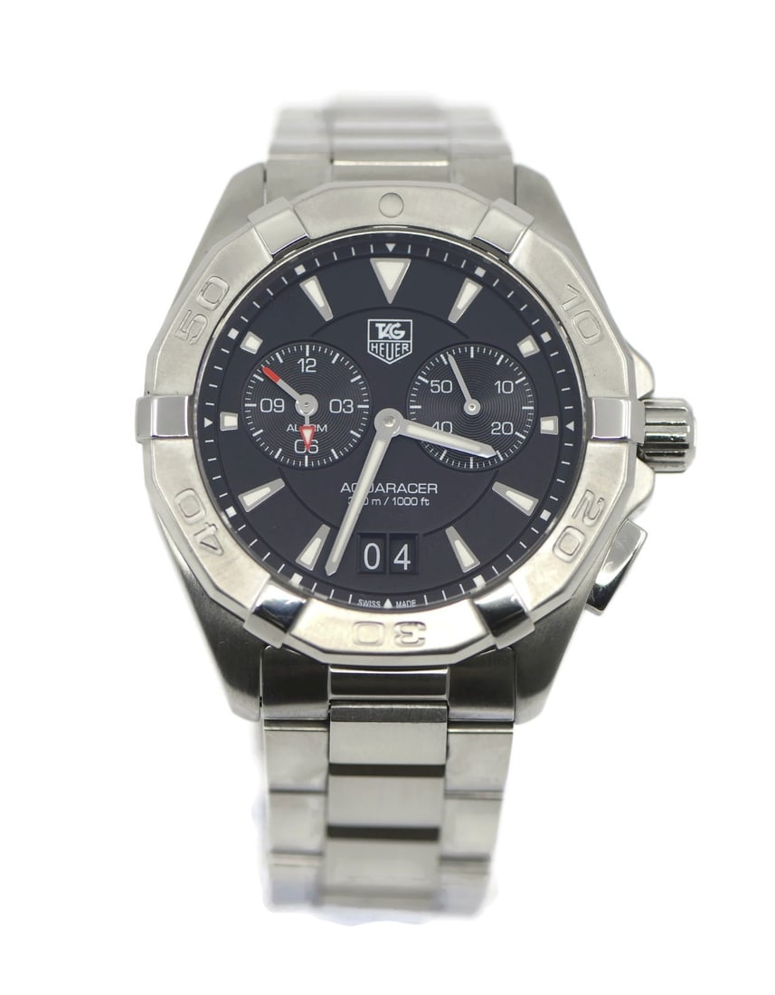 TAG Heuer Aquaracer WAY111Z Black Dial Quartz Stainless Steel Wristwatch with Box: TAG Heuer Aquaracer WAY111Z Black Dial Quartz Stainless Steel Wristwatch with Box This TAG Heuer Aquaracer wristwatch features a stainless steel case and band, with a black analog dial. It is powered 