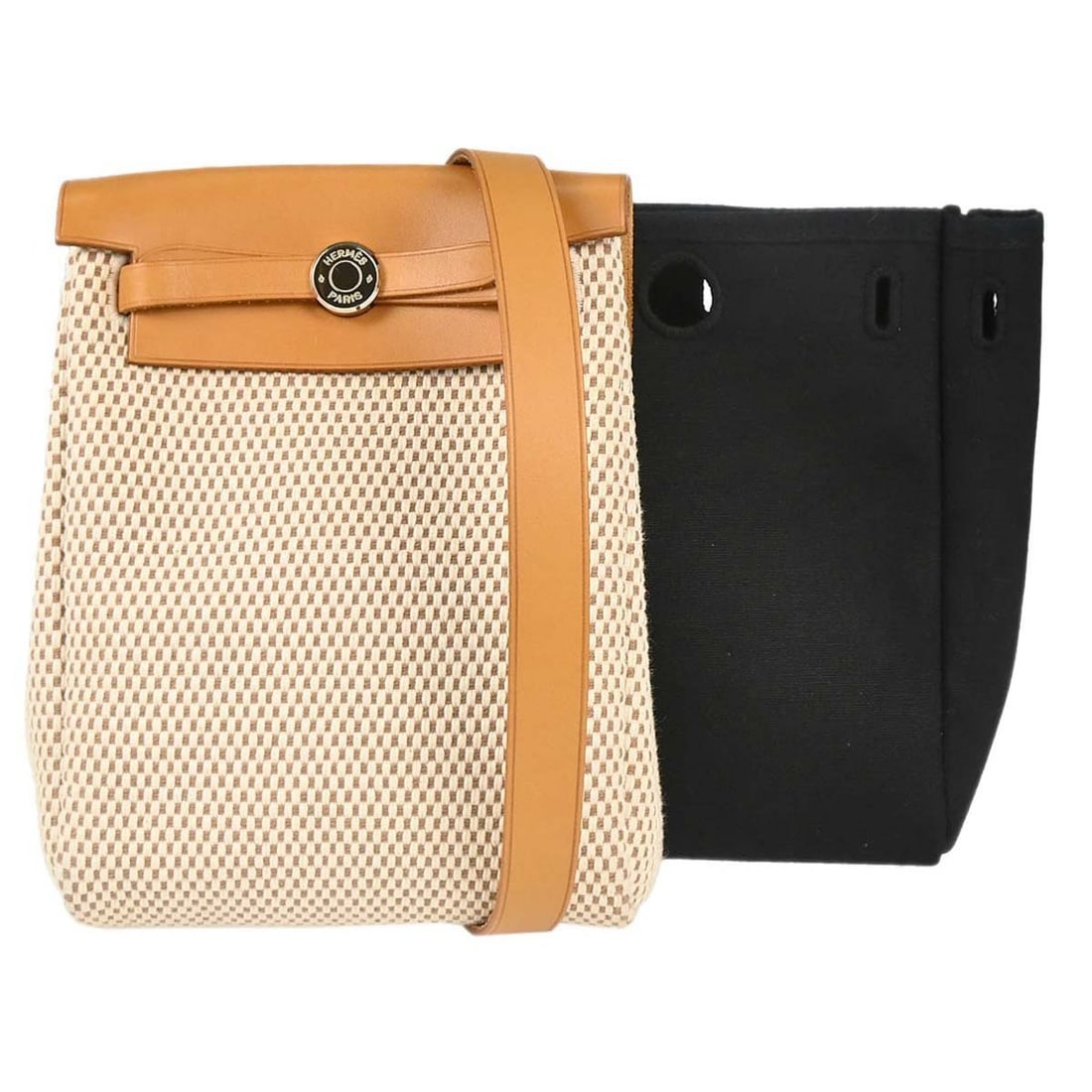 Hermes Herbag TPM 2 in 1 Black Toile Officier Shoulder Bag: Hermes Herbag TPM 2 in 1 Black Toile Officier Shoulder Bag Hermes Herbag TPM 2 in 1 shoulder bag in black and natural Toile Officier and Toile GM with leather trim. This women's small bag features a f