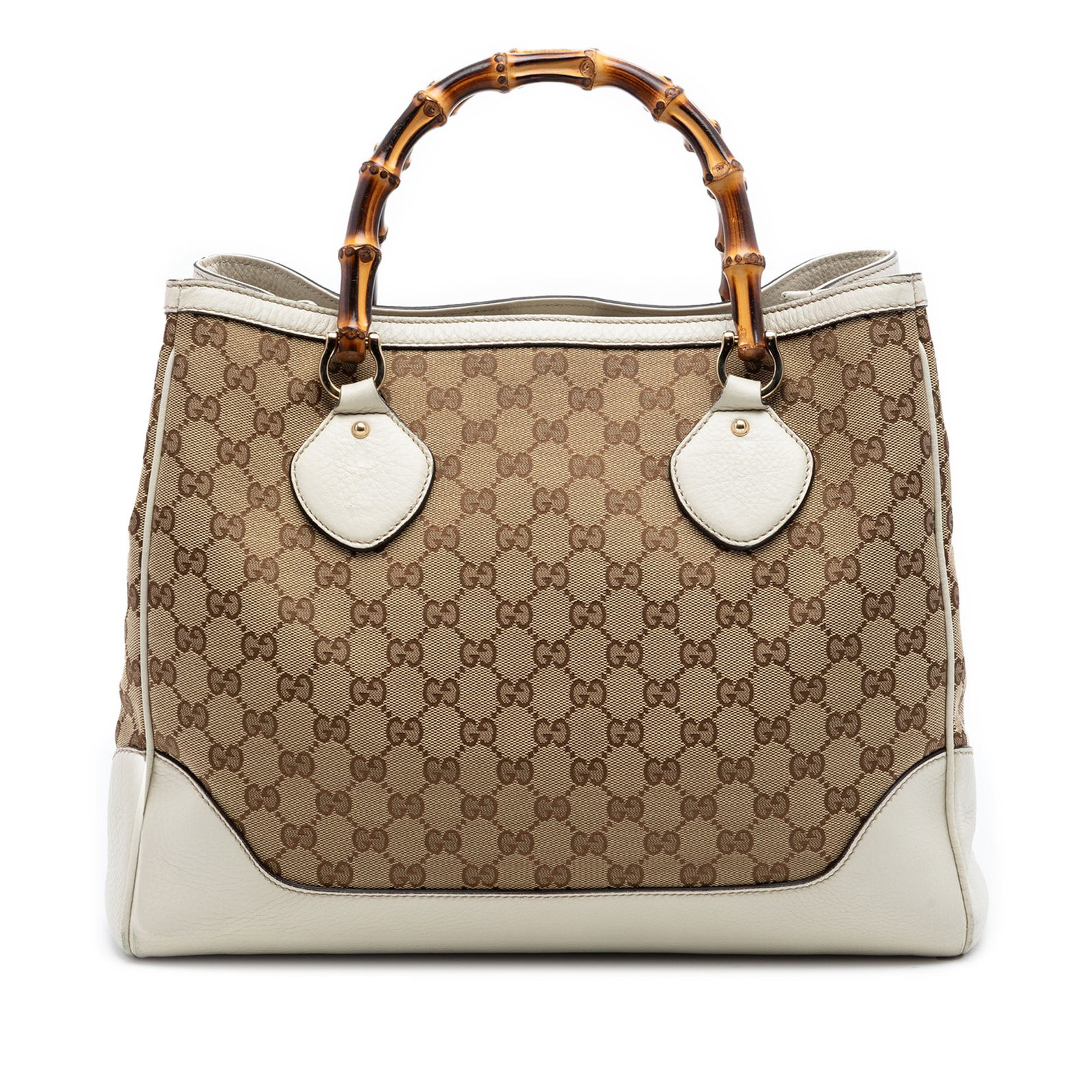 Gucci bamboo handle canvas tote bag GG Diana: Gucci bamboo handle canvas tote bag GG Diana This Gucci GG Canvas Bamboo Diana Tote showcases a beige canvas body complemented by leather trim and distinctive bamboo top handles. The bag features an o