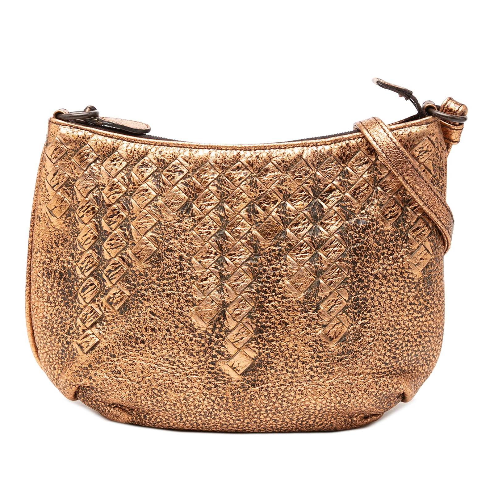 Bottega Veneta gold leather crossbody with Intrecciato trim: Bottega Veneta gold leather crossbody with Intrecciato trim Bottega Veneta crossbody bag in metallic leather with Intrecciato woven trim. The design features a flat leather strap and a top zip closure