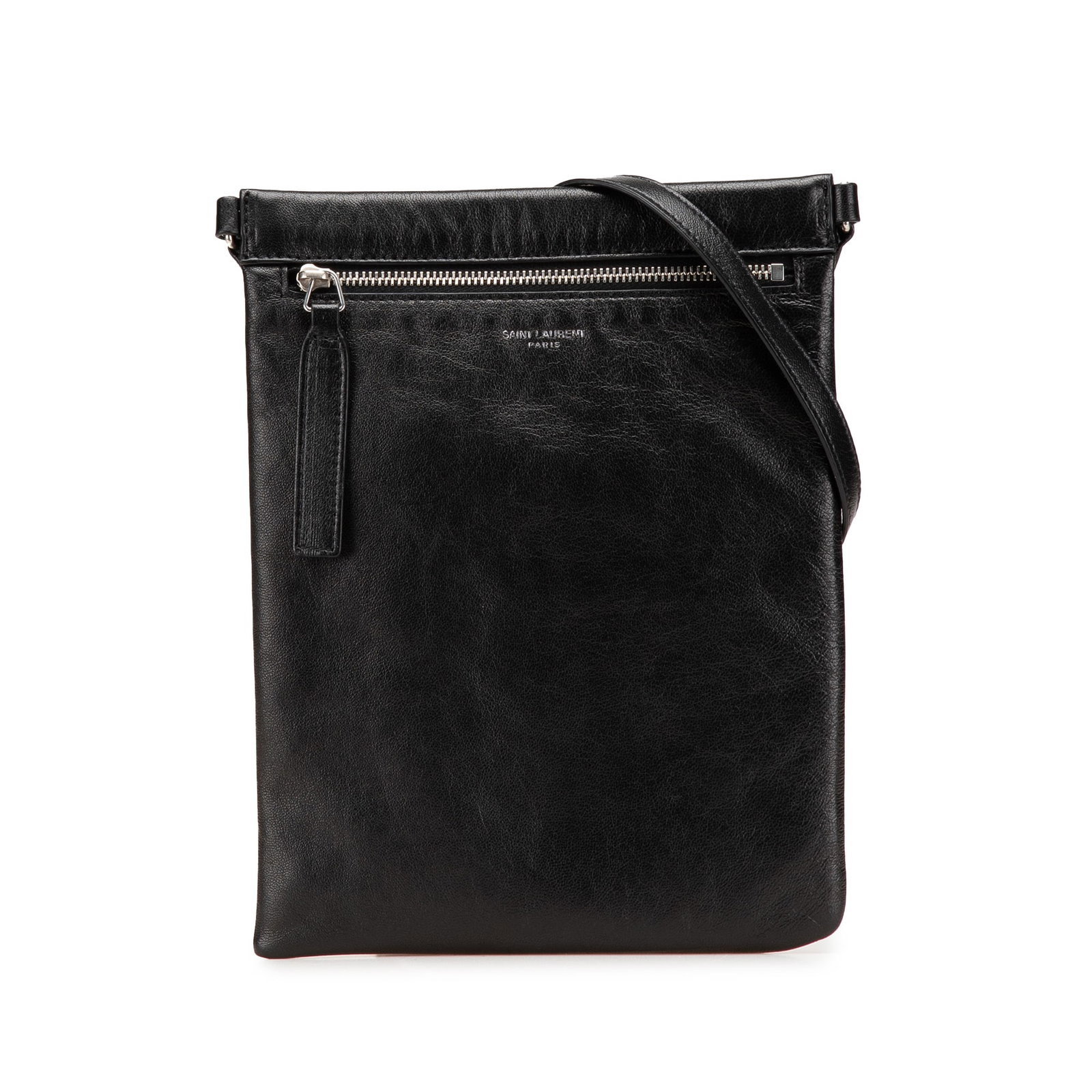 Black Lambskin Sid Flat Crossbody Bag by Saint Laurent: Black Lambskin Sid Flat Crossbody Bag by Saint Laurent This Saint Laurent crossbody bag features a black lambskin leather body with an antiqued finish. It is designed with a flat shoulder strap, a fro