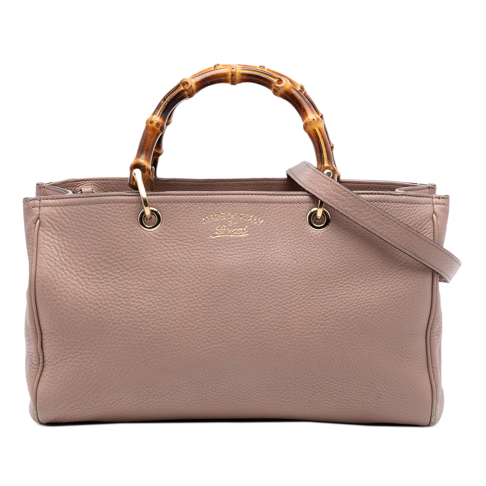 Gucci Pink Bamboo Shopper Leather Satchel: Gucci Pink Bamboo Shopper Leather Satchel This Gucci Medium Calfskin Bamboo Shopper Satchel is crafted from pink leather and features distinctive bamboo top handles. The bag includes a detachable flat
