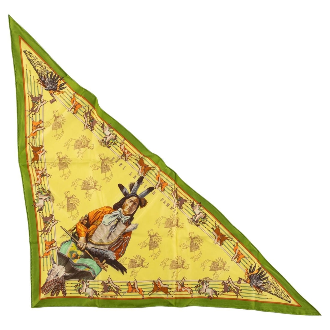 Hermes Pani la Shar Pawnee silk triangle scarf yellow: Hermes Pani la Shar Pawnee silk triangle scarf yellow Hermes collectible design "Pani la Shar Pawnee" scarf by Kermit Oliver, featuring an unusual triangular shape in yellow silk with green trim. Desi