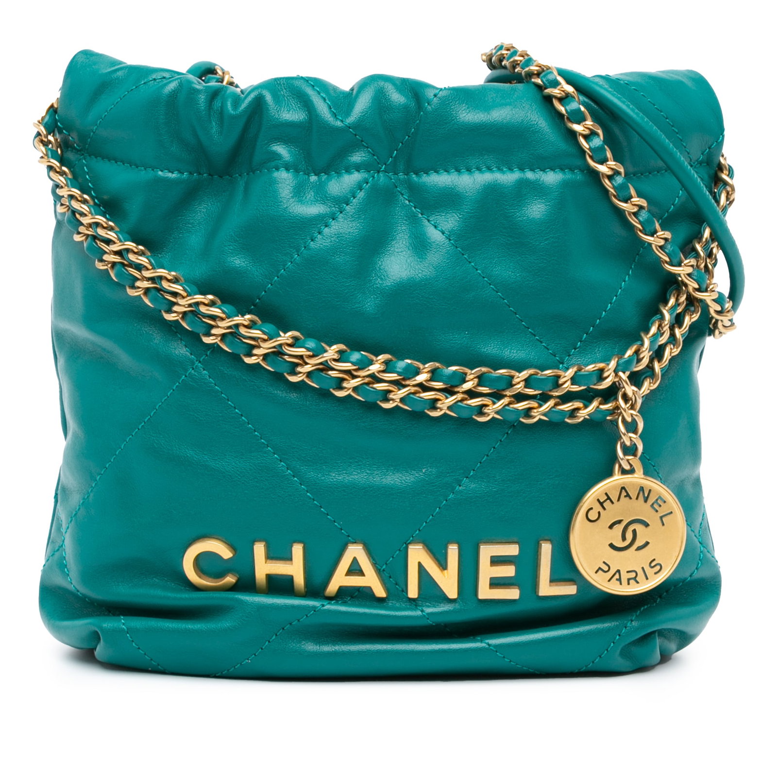 Chanel Mini Shiny Calfskin 22 Handbag Green Leather Satchel: Chanel Mini Shiny Calfskin 22 Handbag Green Leather Satchel This Chanel Mini Shiny Calfskin 22 Handbag is a stylish and sophisticated piece designed for the modern individual. Crafted from high-qualit