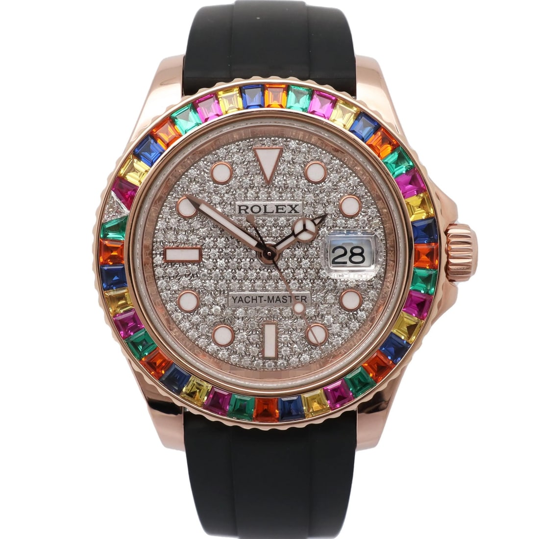 Rolex Yacht-Master 116655 Rose Gold Rainbow Bezel Diamond Dial Watch: Rolex Yacht-Master 116655 Rose Gold Rainbow Bezel Diamond Dial Watch This pre-owned Rolex Yacht-Master features a custom pave diamond dial and a custom rainbow gem-set bezel crafted in 18K rose gold. 
