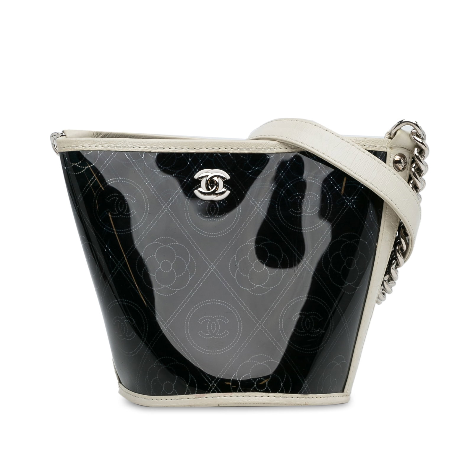 Chanel Crumpled Calfskin PVC Camellia Black Bucket Bag: Chanel Crumpled Calfskin PVC Camellia Black Bucket Bag This stylish Chanel bucket bag is crafted from durable PVC with elegant leather trim. It showcases a classic camellia design and features a curb 