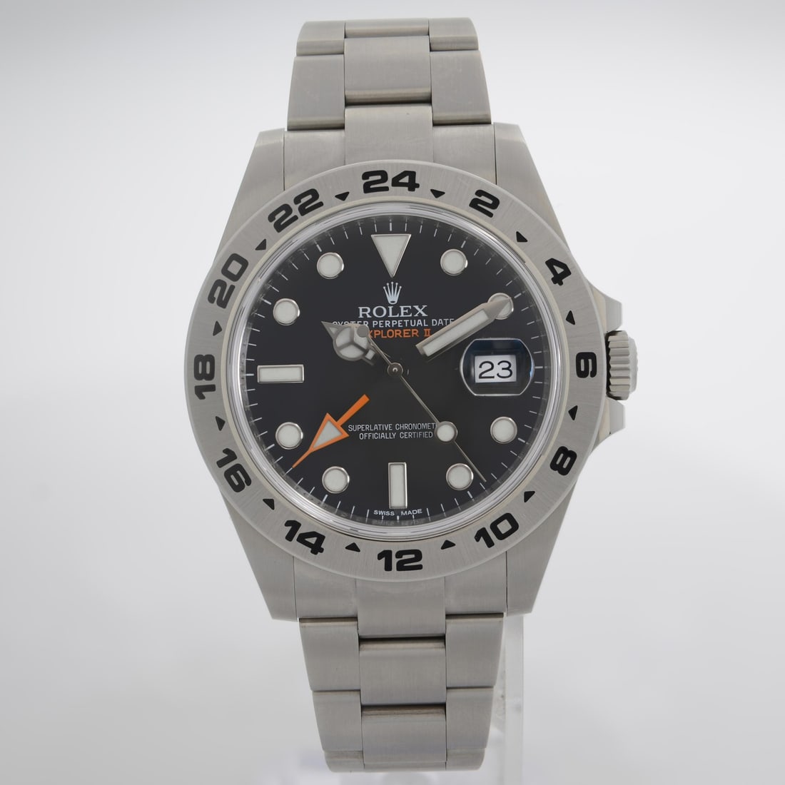Rolex Explorer II Black Dial Automatic GMT Wristwatch Ref 216570 Stainless Steel: Rolex Explorer II Black Dial Automatic GMT Wristwatch Ref 216570 Stainless Steel This Rolex Explorer II 216570 is a pre-owned luxury wristwatch featuring a black analog dial with round indexes and an 