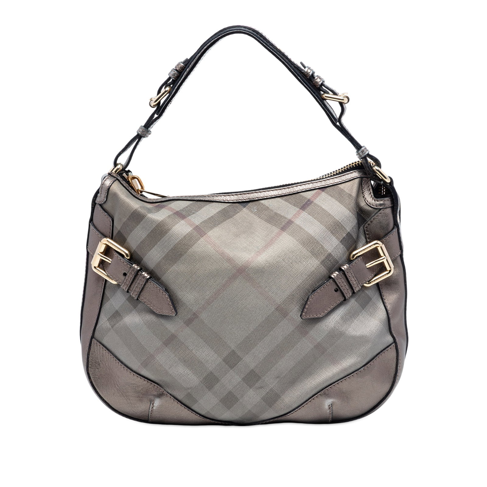 Burberry Shoulder Bag Supernova Check Canvas With Metallic Leather Trim: Burberry Shoulder Bag Supernova Check Canvas With Metallic Leather Trim This Burberry shoulder bag showcases the iconic Supernova check pattern on coated canvas, complemented by metallic leather trim.