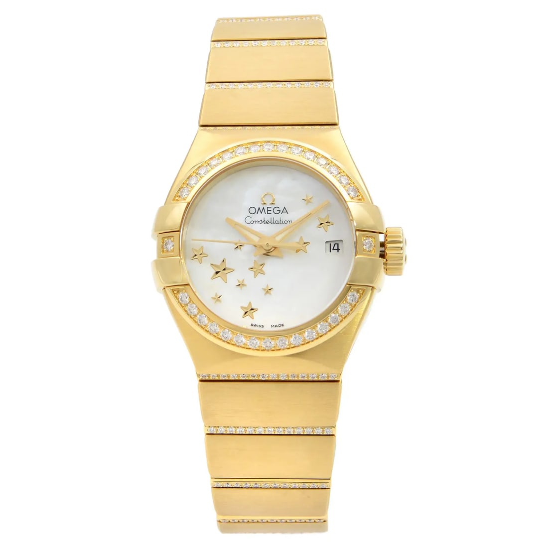 OMEGA Constellation 18K Gold Diamond Bezel Women's Watch 123.55.27.20.05.002: OMEGA Constellation 18K Gold Diamond Bezel Women's Watch 123.55.27.20.05.002 This Omega Constellation wristwatch is a luxurious timepiece designed for women, featuring an exquisite 18K gold case with 