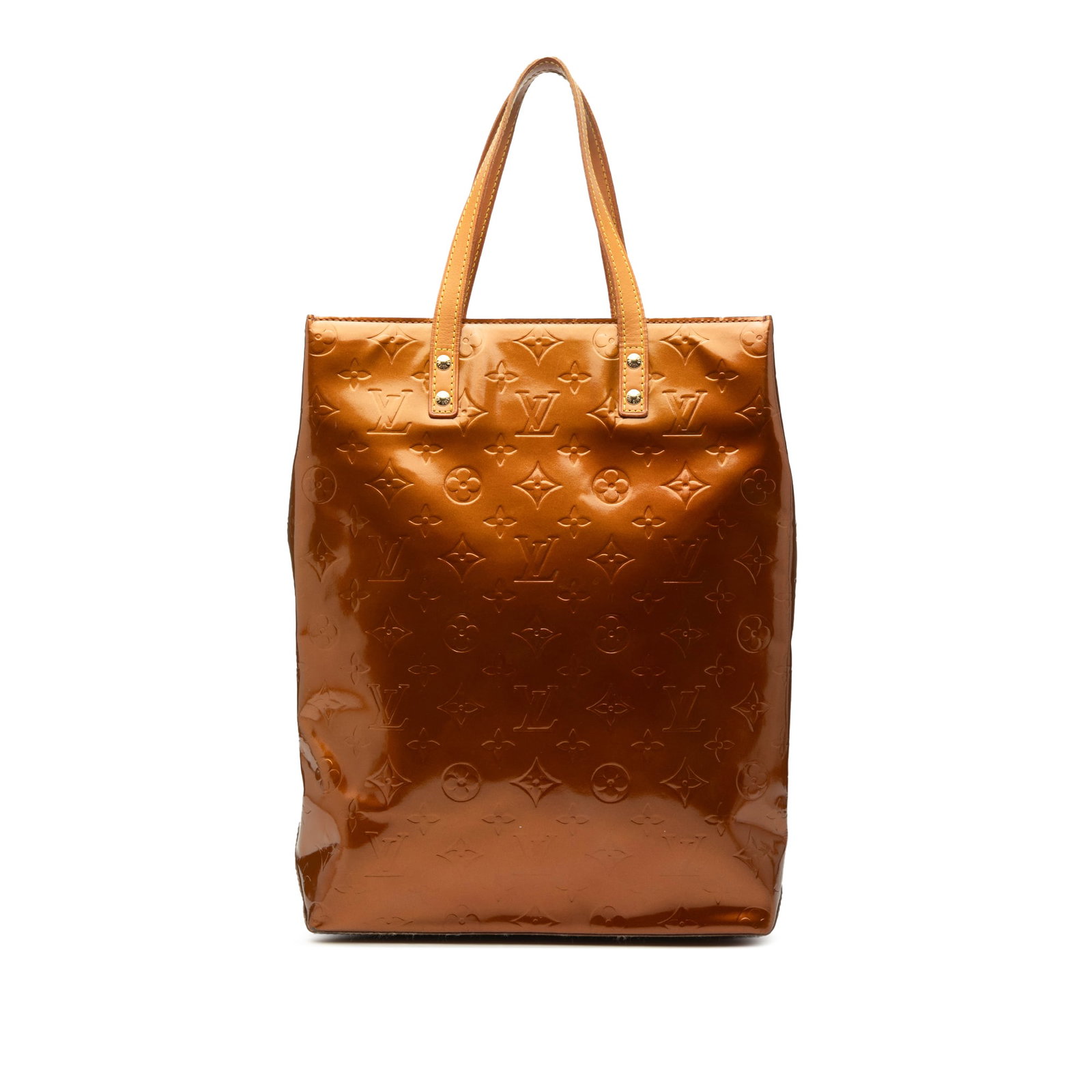 Louis Vuitton Reade MM Monogram Vernis Leather Tote: Louis Vuitton Reade MM Monogram Vernis Leather Tote Louis Vuitton Monogram Vernis Reade MM handbag crafted in vernis leather with flat vachetta leather handles, an open top, and an interior zip pocket