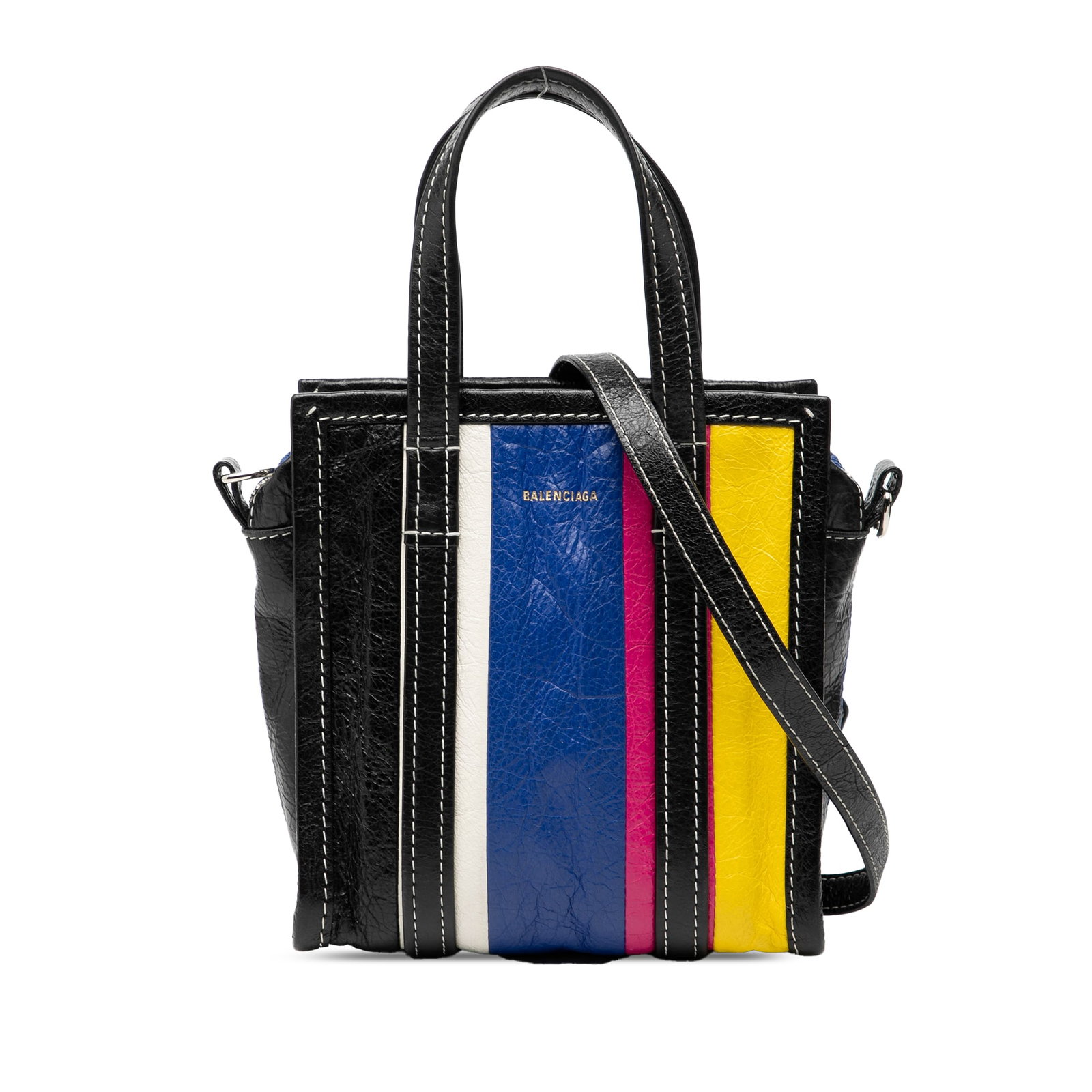 Balenciaga XXS Lambskin Leather Bazar Shopper Black Satchel with Shoulder Strap: Balenciaga XXS Lambskin Leather Bazar Shopper Black Satchel with Shoulder Strap This Balenciaga XXS Bazar Shopper Satchel is crafted from lambskin leather and features dual top flat handles, a detacha