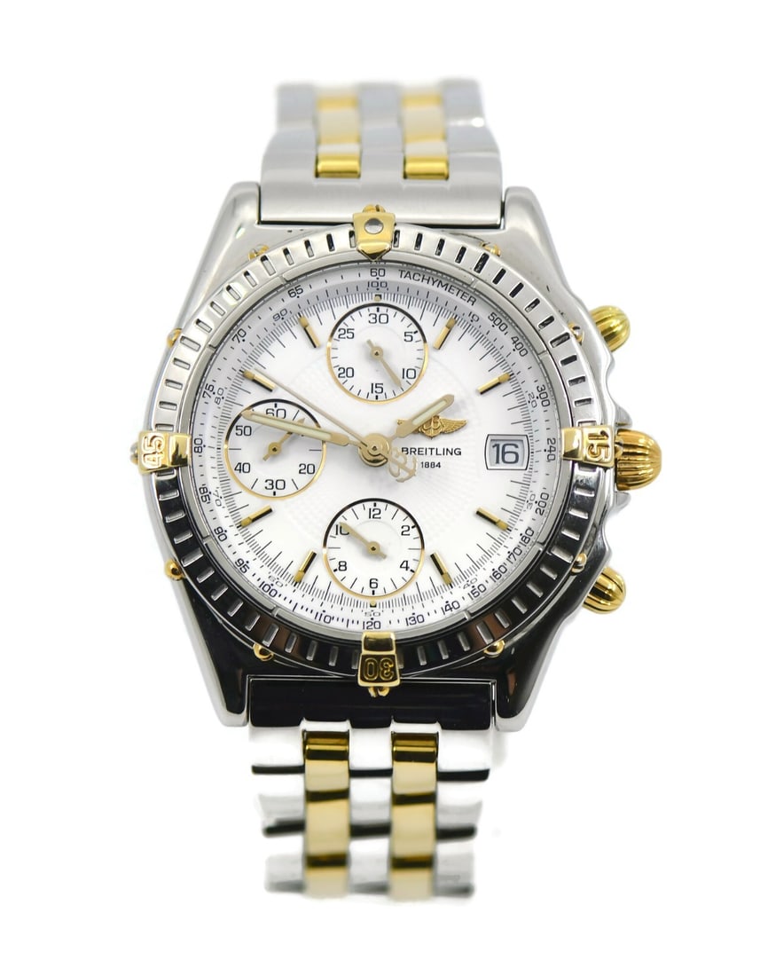 Breitling Chronomat B13050.1 men's automatic wristwatch with box papers: Breitling Chronomat B13050.1 men's automatic wristwatch with box papers Breitling Chronomat wristwatch in two tone stainless steel with a white dial and analog display. It features a mechanical automa