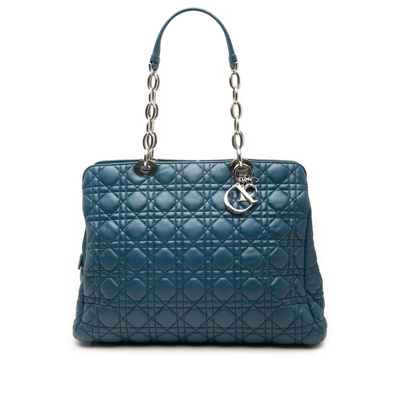 Dior Lady Dior blue lambskin zip tote: Dior Lady Dior blue lambskin zip tote This Large Lady Dior Soft Shopping Tote features the signature Cannage quilting in blue lambskin leather. It is designed with flat leather and chain link handles,