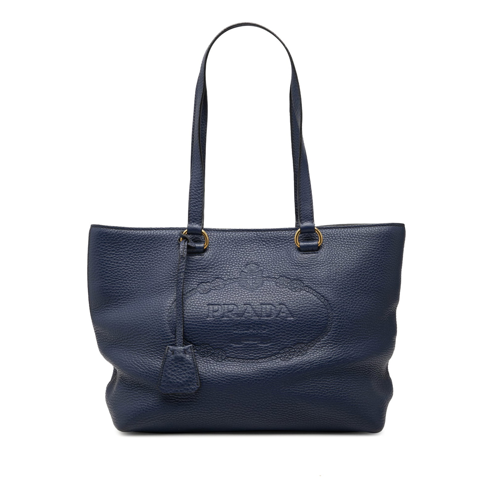 Prada Vitello Daino Leather Tote Bag Blue Made in Italy: Prada Vitello Daino Leather Tote Bag Blue Made in Italy Prada Vitello Daino Canapa Logo Tote in blue leather with flat leather straps, an open top with magnetic snap closure, and an interior zip pocke