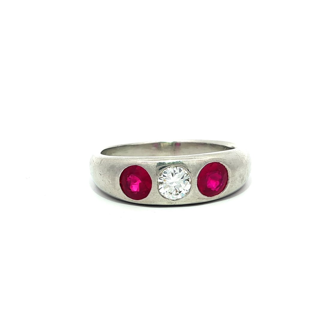 Vintage Platinum 1.65ctw GIA Burma Ruby Diamond 3 Stone Band Ring: Vintage Platinum 1.65ctw GIA Burma Ruby Diamond 3 Stone Band Ring This exquisite vintage men's band ring showcases a stunning combination of natural Burmese rubies and diamonds. The ring features two 