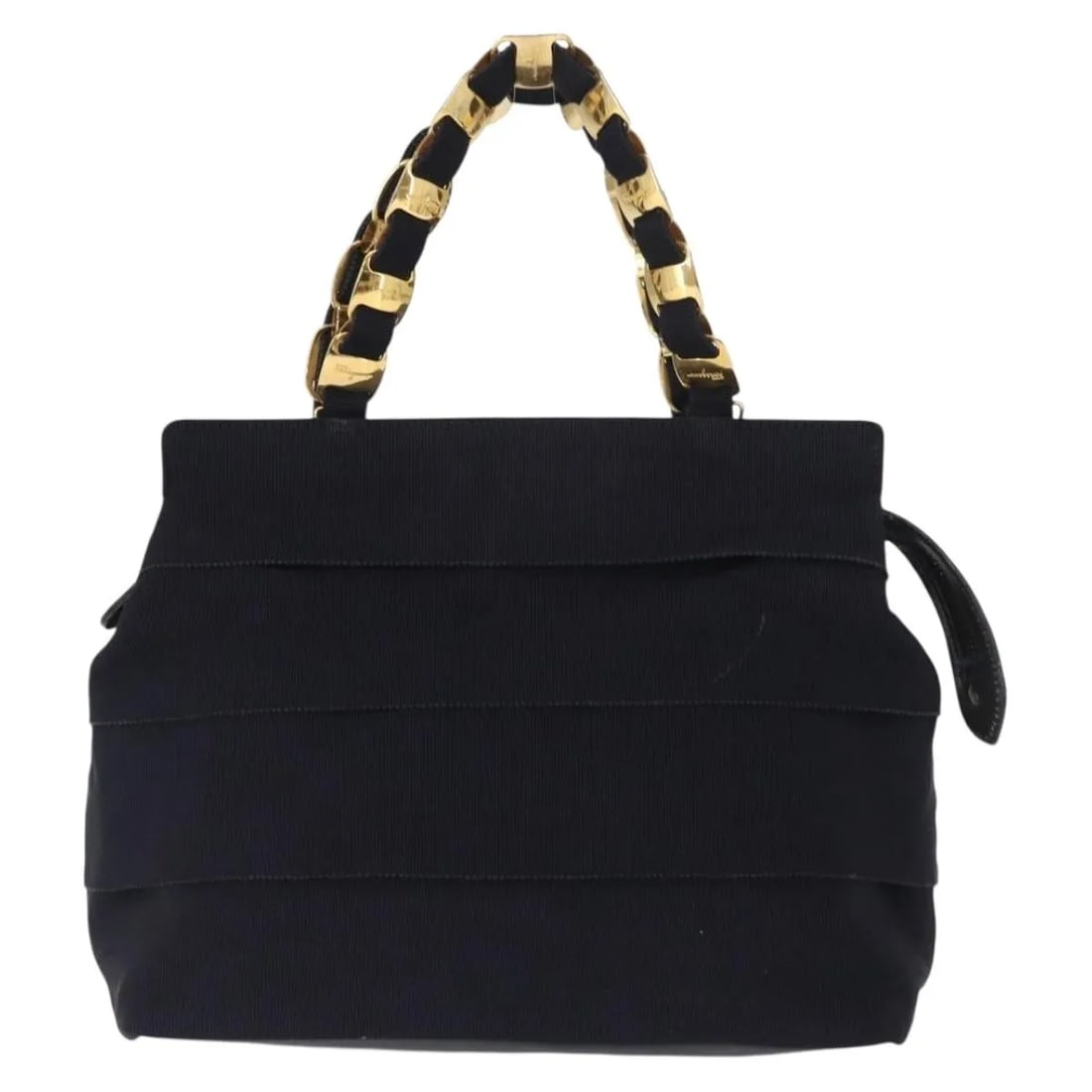 Salvatore Ferragamo Vala Navy Canvas Handbag Made in Italy: Salvatore Ferragamo Vala Navy Canvas Handbag Made in Italy This Salvatore Ferragamo Vala handbag for women features a navy canvas exterior with metal fittings. The handbag has signs of wear including 