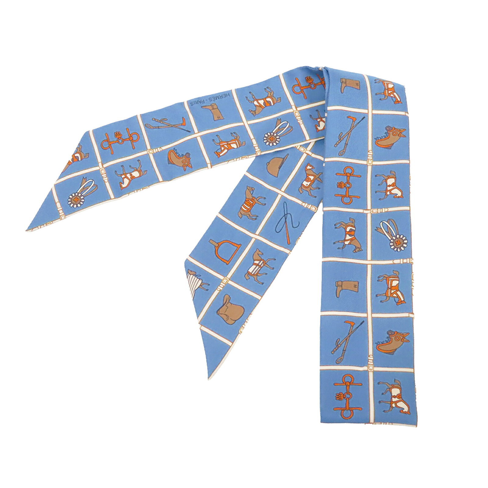 Hermes Blue Silk Twilly Scarf Couvertures Et Tenues De Jour: Hermes Blue Silk Twilly Scarf Couvertures Et Tenues De Jour This Hermes Couvertures Et Tenues De Jour Twilly scarf features a distinctive print on a 100% silk body. The scarf is crafted in France and 