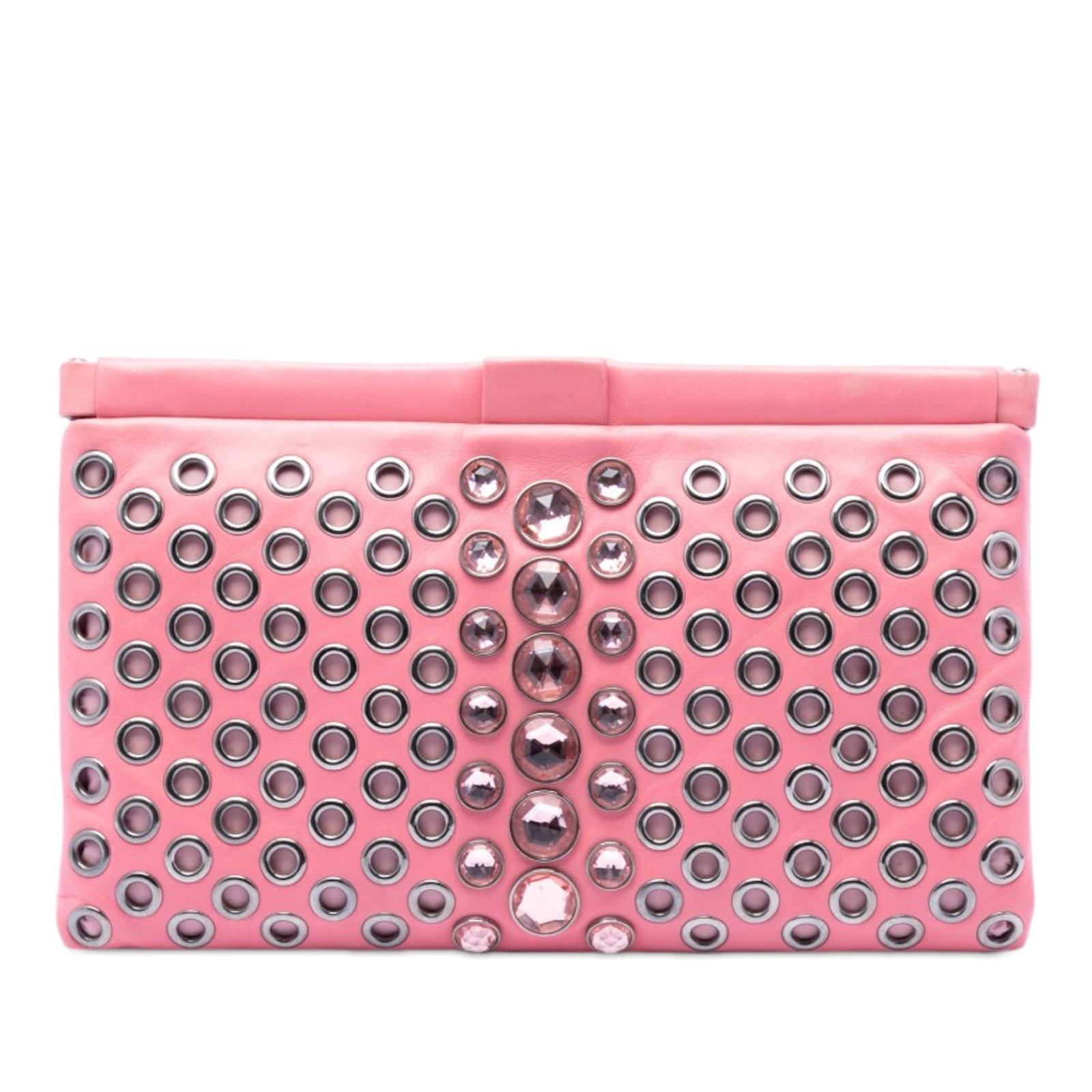 Miu Miu Pink Nappa Leather Crystal Grommet Clutch: Miu Miu Pink Nappa Leather Crystal Grommet Clutch This Miu Miu clutch is crafted from nappa leather and features grommet and crystal embellishments for a striking look. It is designed with a top snap 