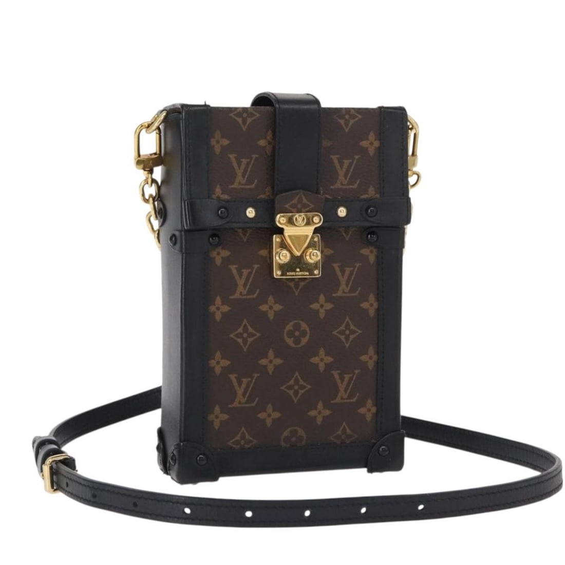 Louis Vuitton M63913 Pochette Trunk Vertical Monogram Canvas Shoulder Bag: Louis Vuitton M63913 Pochette Trunk Vertical Monogram Canvas Shoulder Bag Louis Vuitton Monogram Pochette Trunk Vertical Bag in Monogram Canvas, presented as a shoulder bag for women. It includes a sh