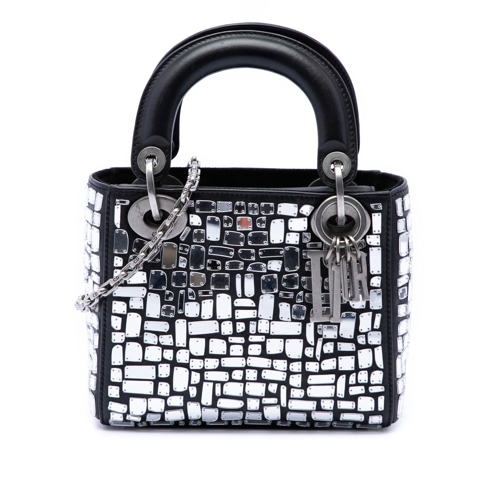 Dior Lady Dior Mini Leather Bag Mosaic of Mirrors: Dior Lady Dior Mini Leather Bag Mosaic of Mirrors This Lady Dior mini bag is crafted in leather with an embroidered mosaic of mirrors design. It features flat leather handles, a detachable chain link 