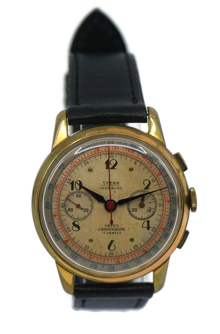 Spera Incabloc Two Tone Chronograph Watch Gold Plated Stainless Steel: Spera Incabloc Two Tone Chronograph Watch Gold Plated Stainless Steel This Spera Incabloc Chronograph is a stunning wristwatch that features a stylish two-tone design. The watch boasts a beige dial an