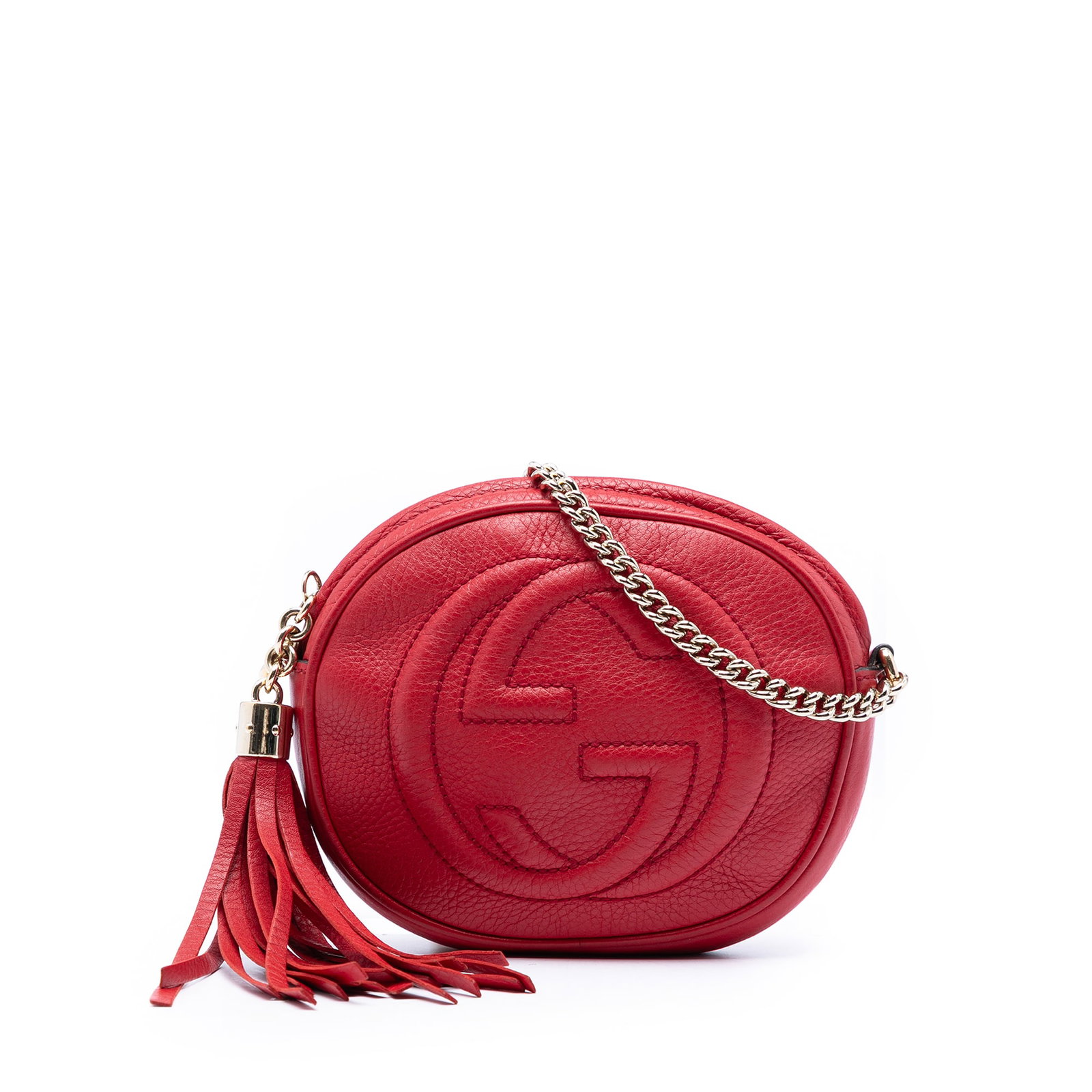 Gucci Soho Mini Pebbled Calfskin Leather Chain Crossbody Bag: Gucci Soho Mini Pebbled Calfskin Leather Chain Crossbody Bag Gucci Soho mini crossbody bag in red pebbled calfskin leather with tassel detail and chain link strap. The bag features a top zip closure a