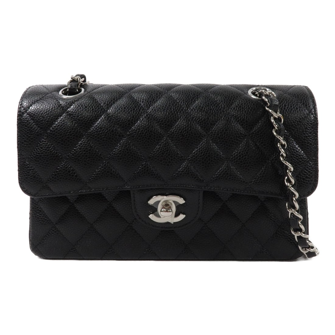 Chanel A01113 Classic 23 black calfskin shoulder bag with CC silver hardware: Chanel A01113 Classic 23 black calfskin shoulder bag with CC silver hardware Classic CHANEL CC SHW shoulder bag in black calfskin leather with a chain shoulder strap and turn-lock closure. The bag inc