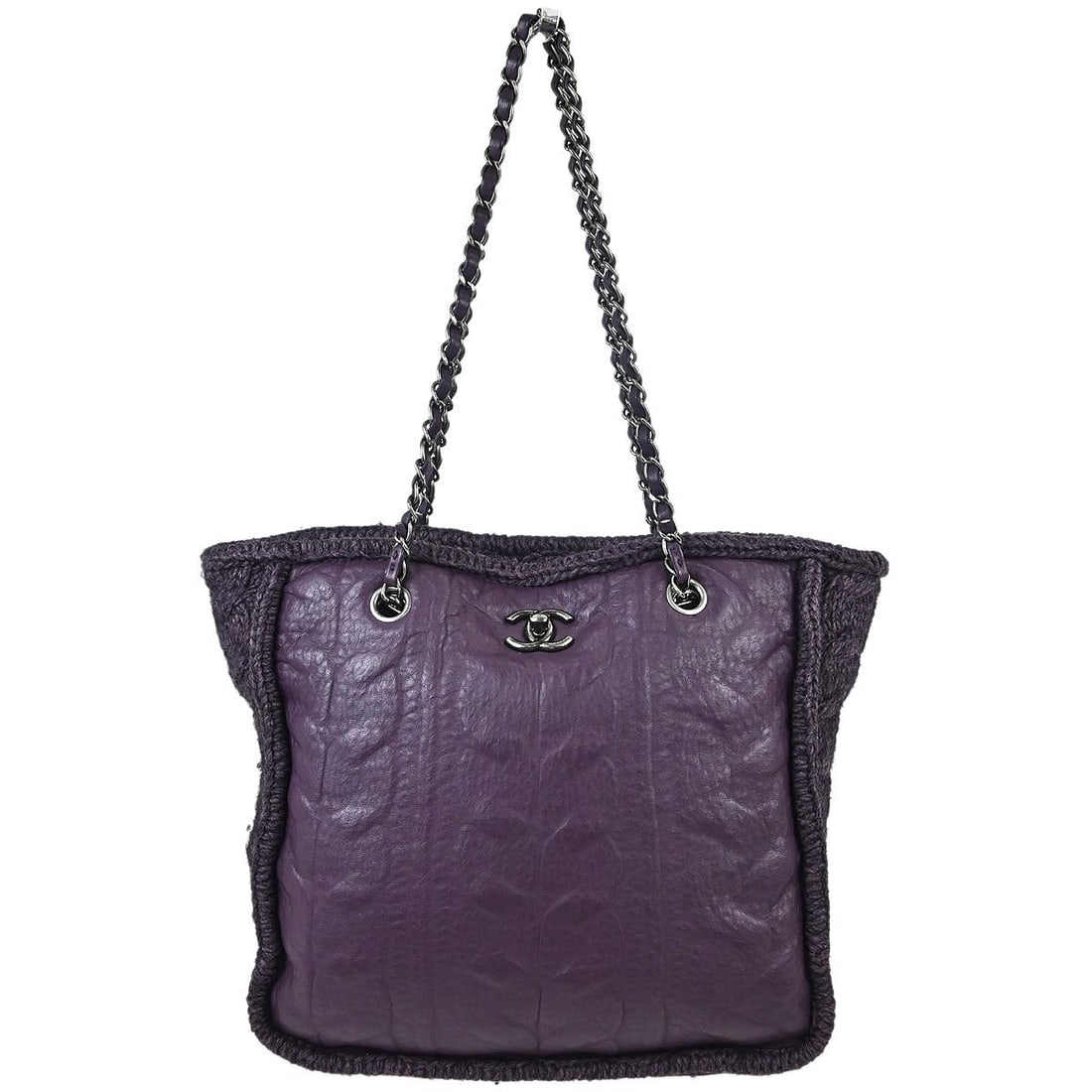 CHANEL Large Purple Lambskin Top Handle Tote Bag: CHANEL Large Purple Lambskin Top Handle Tote Bag Purple Chanel tote handbag crafted from lambskin with double handles and a silver-tone hardware finish. This women's top handle bag features a casual d