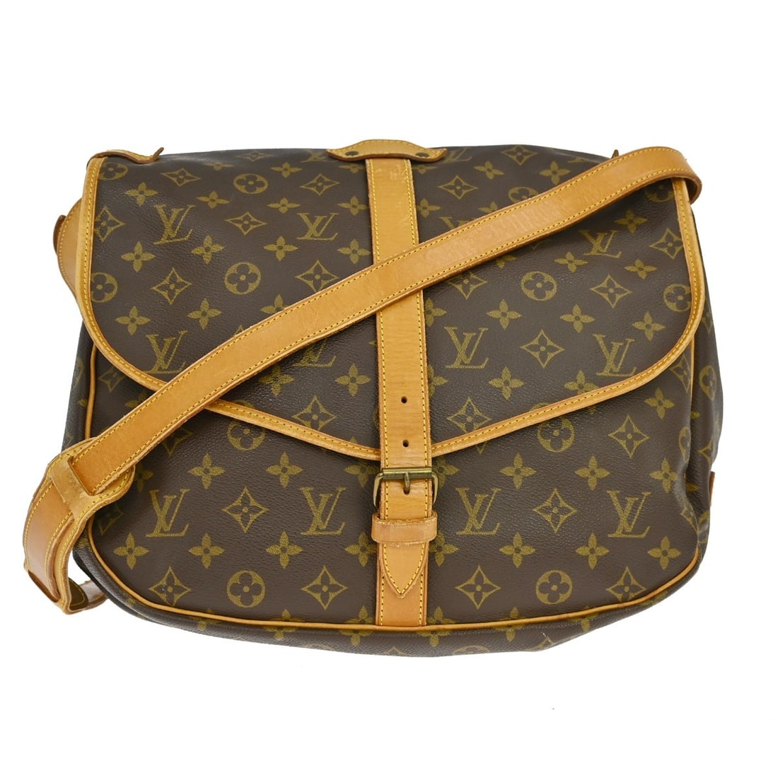 Louis Vuitton Saumur 35 Monogram Crossbody Bag M42254: Louis Vuitton Saumur 35 Monogram Crossbody Bag M42254 Vintage Louis Vuitton Saumur 35 shoulder bag in brown Monogram canvas with leather trim and a buckle closure. This unisex bag features a crossbody