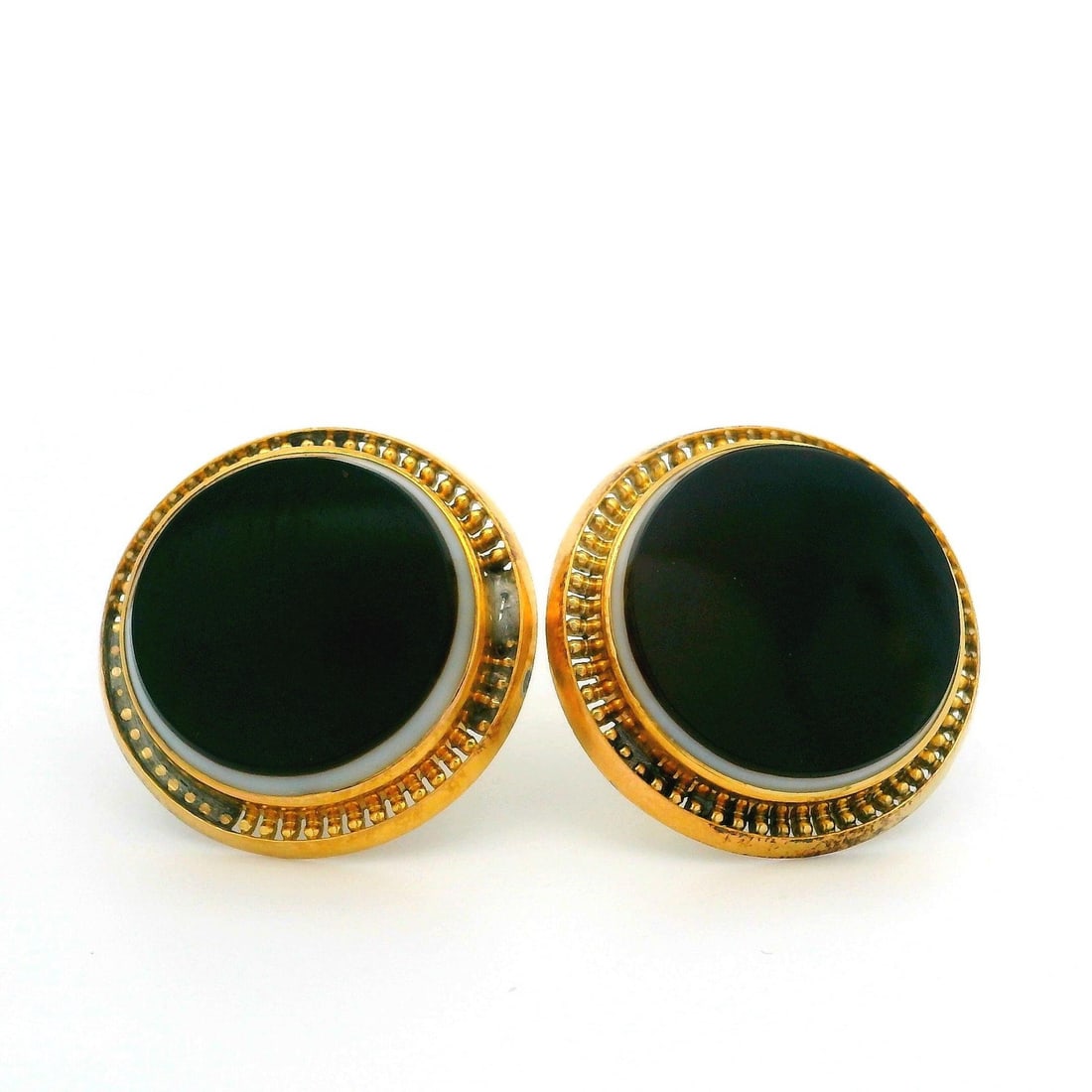 Antique 13k Yellow Gold Agate Round Button Earrings: Antique 13k Yellow Gold Agate Round Button Earrings Discover these exquisite Antique Yellow Gold Uncarved Agate Open Work Round Button Earrings, featuring two stunning natural genuine agate stones. Th