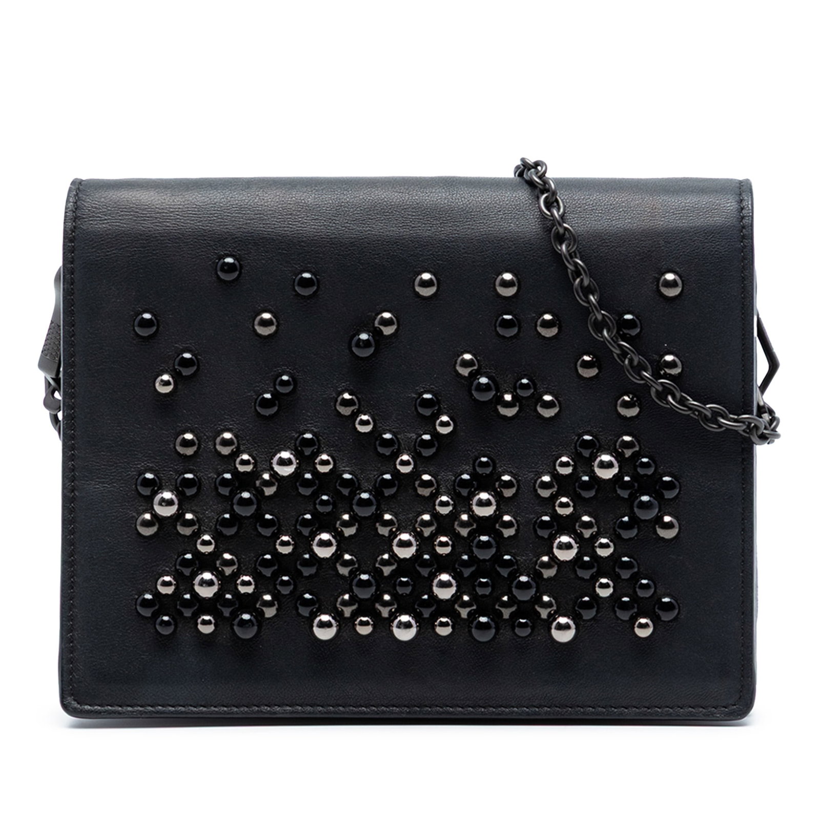 Bottega Veneta Leather Studded Chain Wallet Crossbody Bag: Bottega Veneta Leather Studded Chain Wallet Crossbody Bag Black leather wallet on chain with stud embellishments and a chain link strap. The design features a front flap with snap button closure, alon