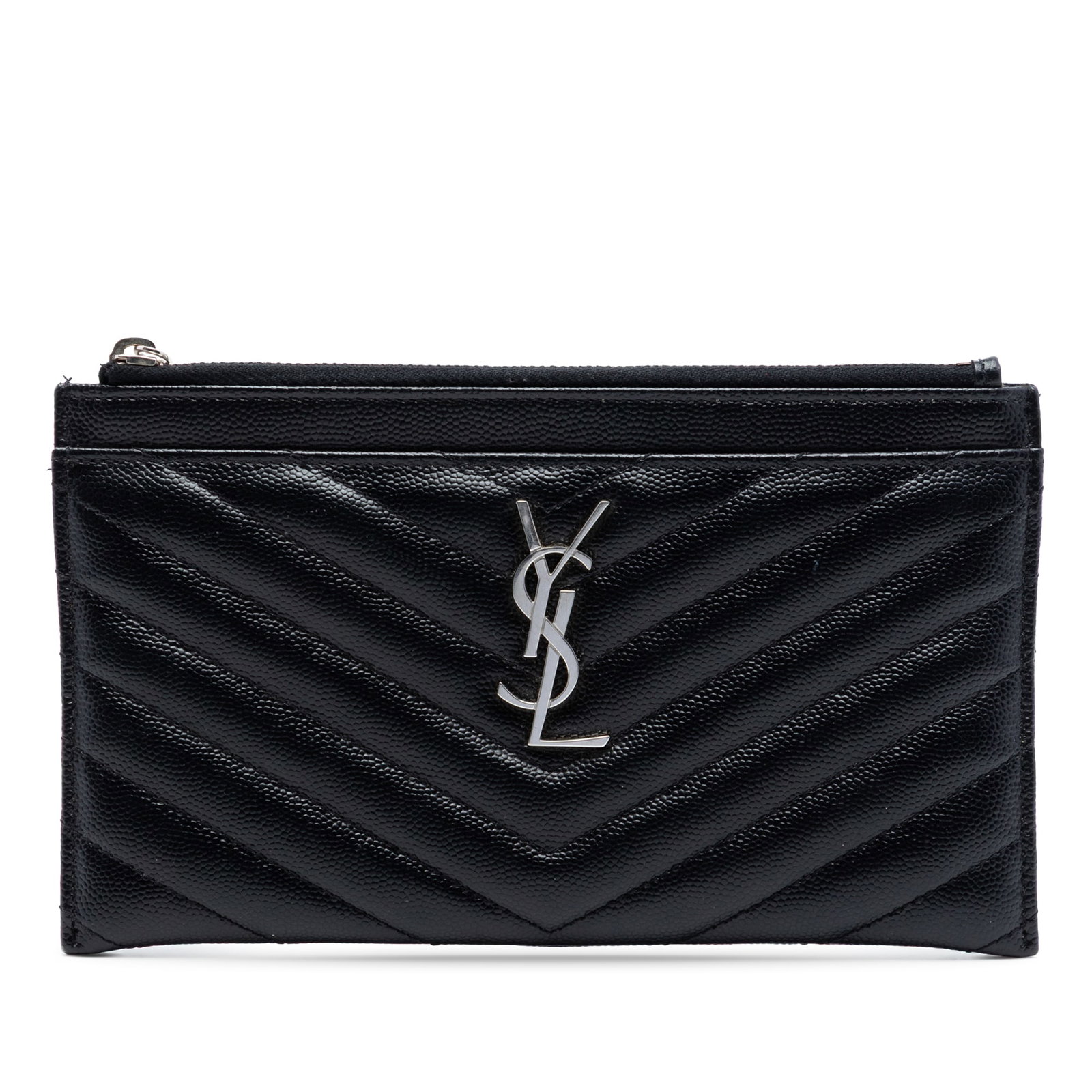 Black Leather Zip Pouch Saint Laurent Chevron Monogram Bill Pouch: Black Leather Zip Pouch Saint Laurent Chevron Monogram Bill Pouch This Saint Laurent Grain De Poudre Chevron Monogram Bill Pouch is crafted from quilted leather and features a sleek black design. It i
