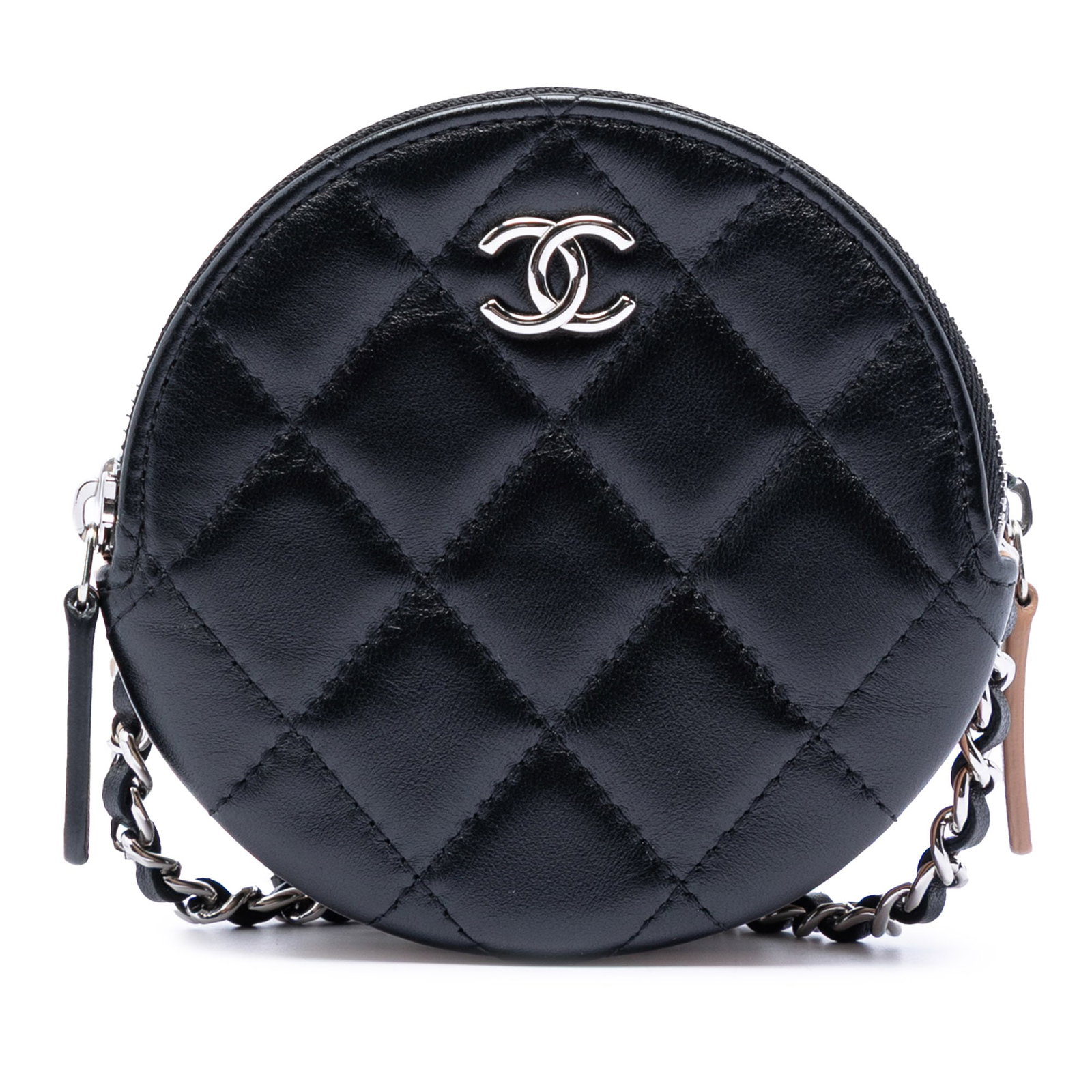Chanel Black Quilted Lambskin Triple Zip Crossbody Clutch with Chain Strap: Chanel Black Quilted Lambskin Triple Zip Crossbody Clutch with Chain Strap This Chanel crossbody bag features a quilted leather body with three top zip closures and a leather woven chain strap. The ba