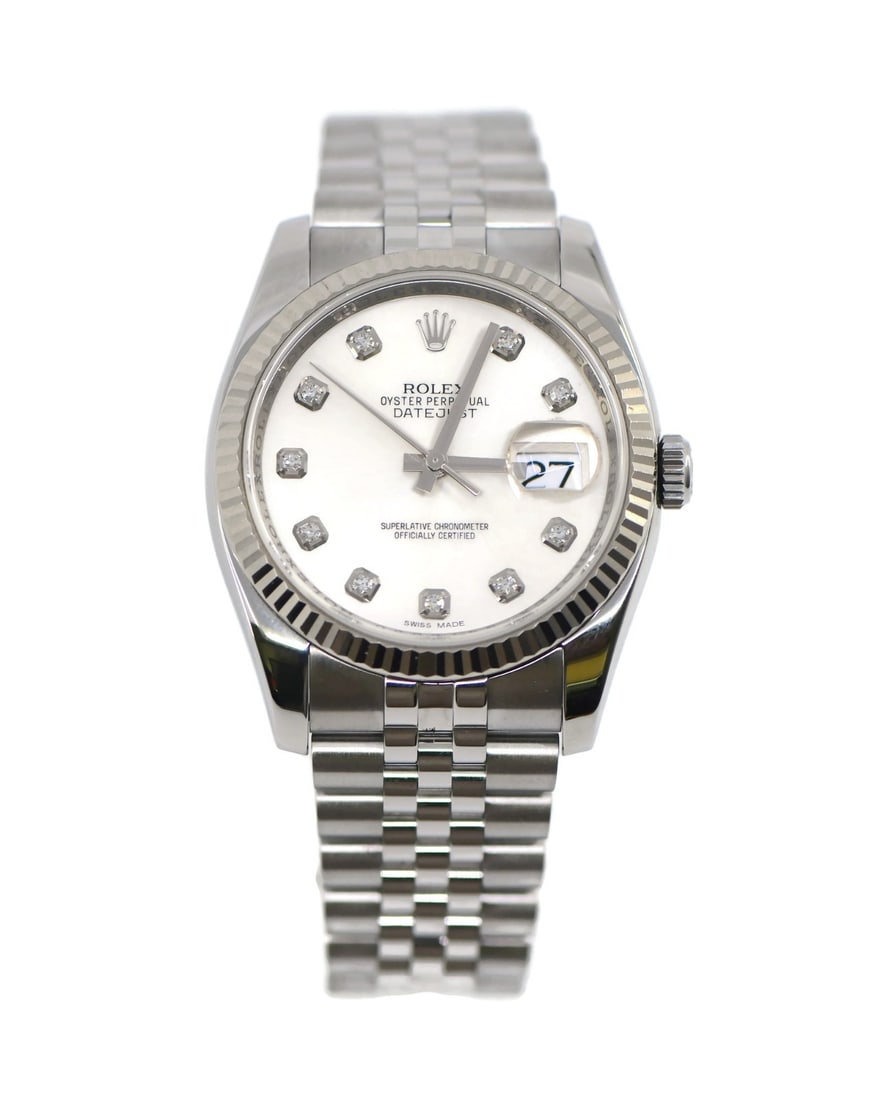 Rolex Datejust 116234 Diamond Bezel Stainless Steel Watch with Box and Papers: Rolex Datejust 116234 Diamond Bezel Stainless Steel Watch with Box and Papers This exquisite Rolex Datejust wristwatch combines elegance and luxury with its stunning diamond bezel and classic stainles
