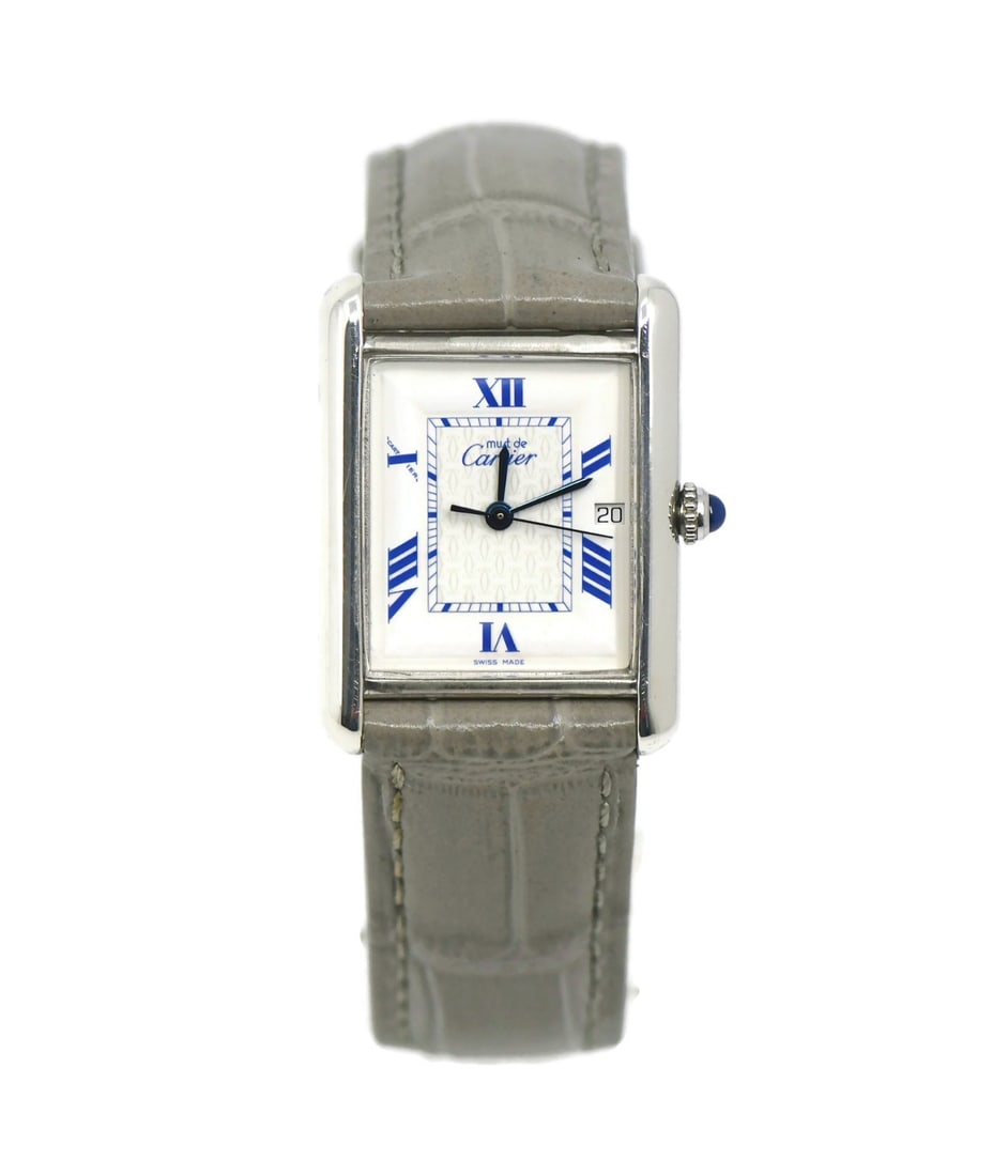 Cartier Tank Vermeil Women's Quartz Wristwatch 2414: Cartier Tank Vermeil Women's Quartz Wristwatch 2414 This Cartier Tank Vermeil wristwatch, reference 2414, features a rectangular sterling silver case with a smooth bezel and white dial accented by Rom