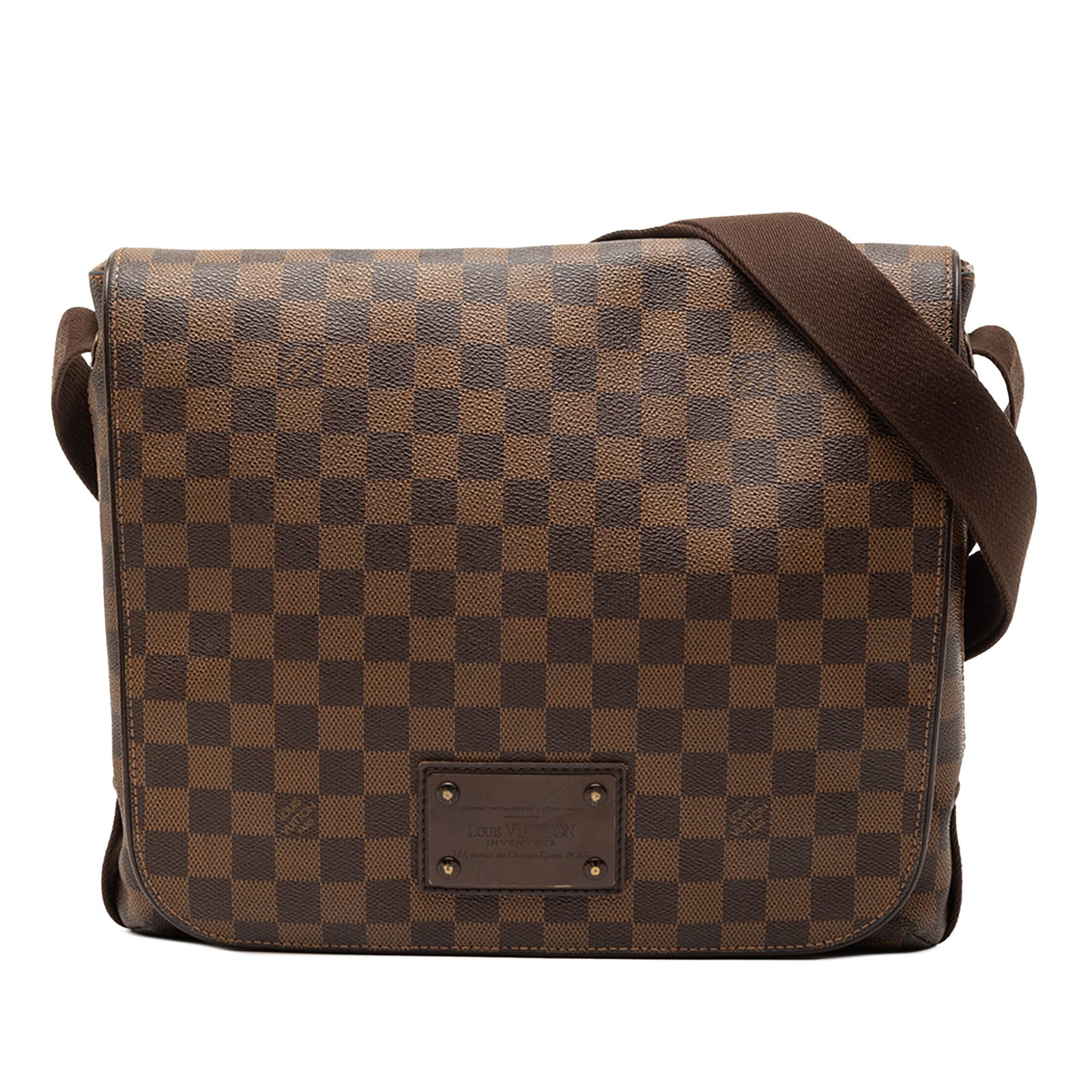 Damier Ebene Brooklyn MM Shoulder Bag by Louis Vuitton Brown Canvas: Damier Ebene Brooklyn MM Shoulder Bag by Louis Vuitton Brown Canvas The Louis Vuitton Damier Ebene Brooklyn MM features a damier ebene canvas body with brown coloring, an adjustable flat strap, a fron