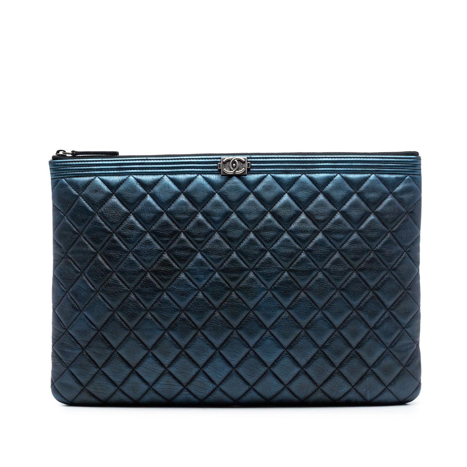 Chanel Boy O Case Blue Metallic Quilted Lambskin Large Clutch Bag (1 of 8)