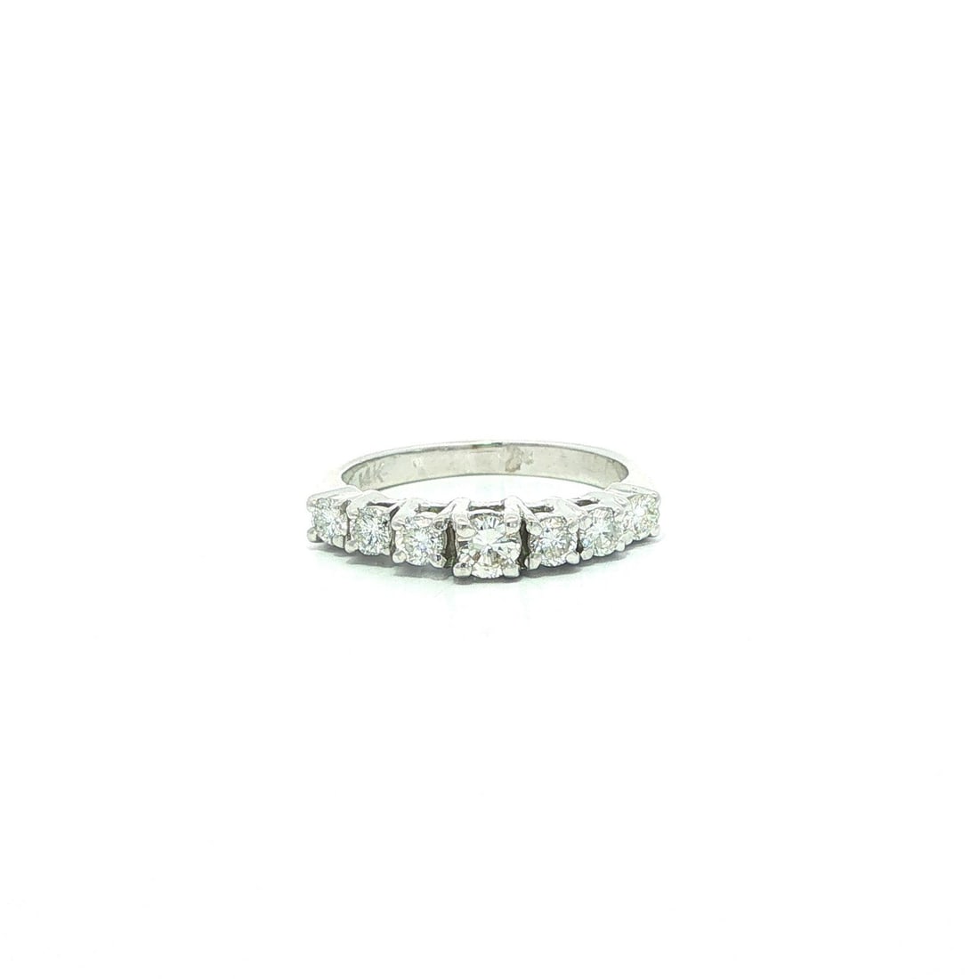 14k White Gold Diamond Pyramid Stack Band Ring 0.50ctw Size 4.5: 14k White Gold Diamond Pyramid Stack Band Ring 0.50ctw Size 4.5 This elegant band ring features seven natural round brilliant cut diamonds, prong set in a classic pyramid stack design. Crafted from so