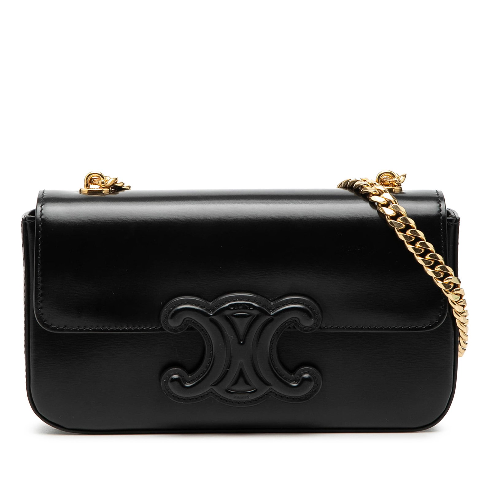 Celine Cuir Triomphe Black Leather Shoulder Bag with Chain Strap: Celine Cuir Triomphe Black Leather Shoulder Bag with Chain Strap This Celine Smooth Calfskin Cuir Triomphe Chain Shoulder Bag features a black leather body, a gold-tone chain-link shoulder strap, and 